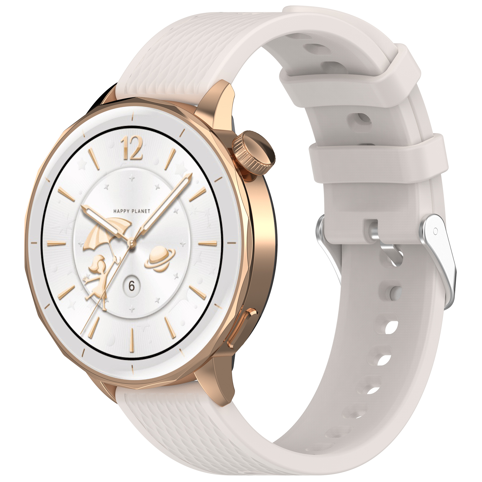 Orologio oro con cinturino bianco. Il quadrante mostra l'ora e una piccola scena. Sfondo bianco.