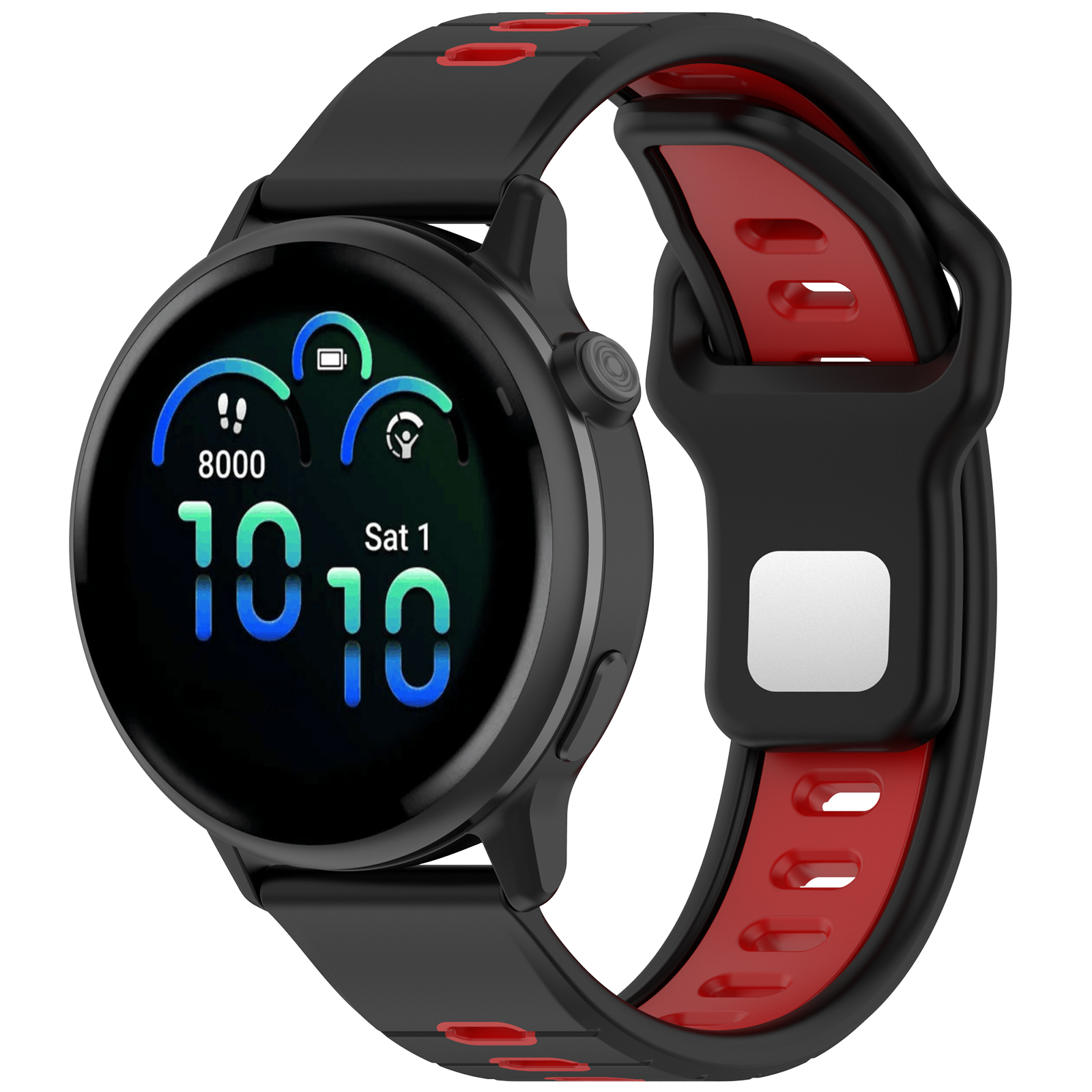 Smartwatch nera con dettagli rossi sul cinturino. Il quadrante rotondo mostra l'ora e i dati.