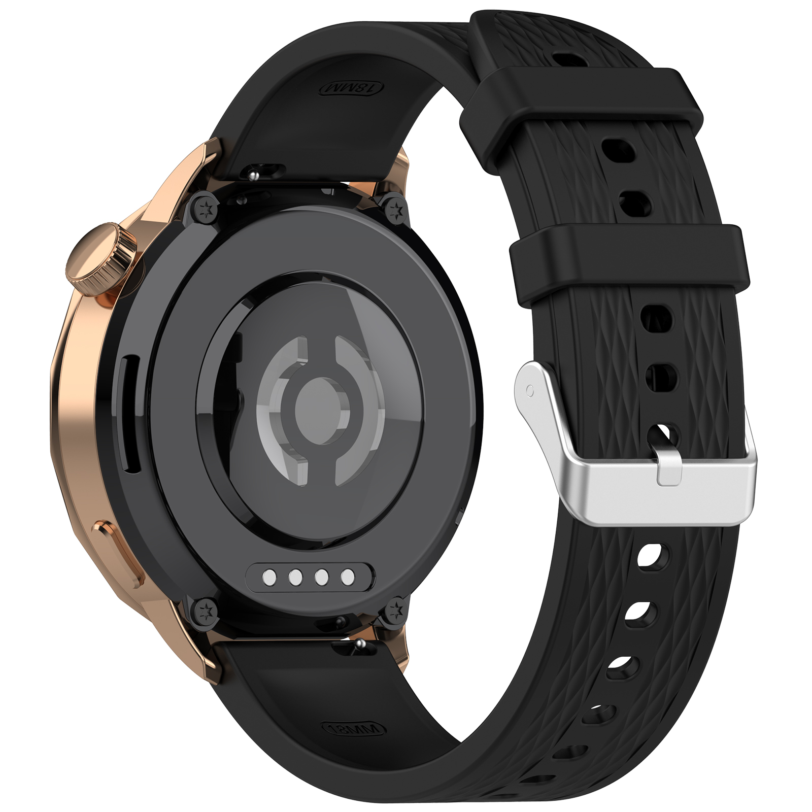 Retro di uno smartwatch con cinturino nero. Cassa color oro.