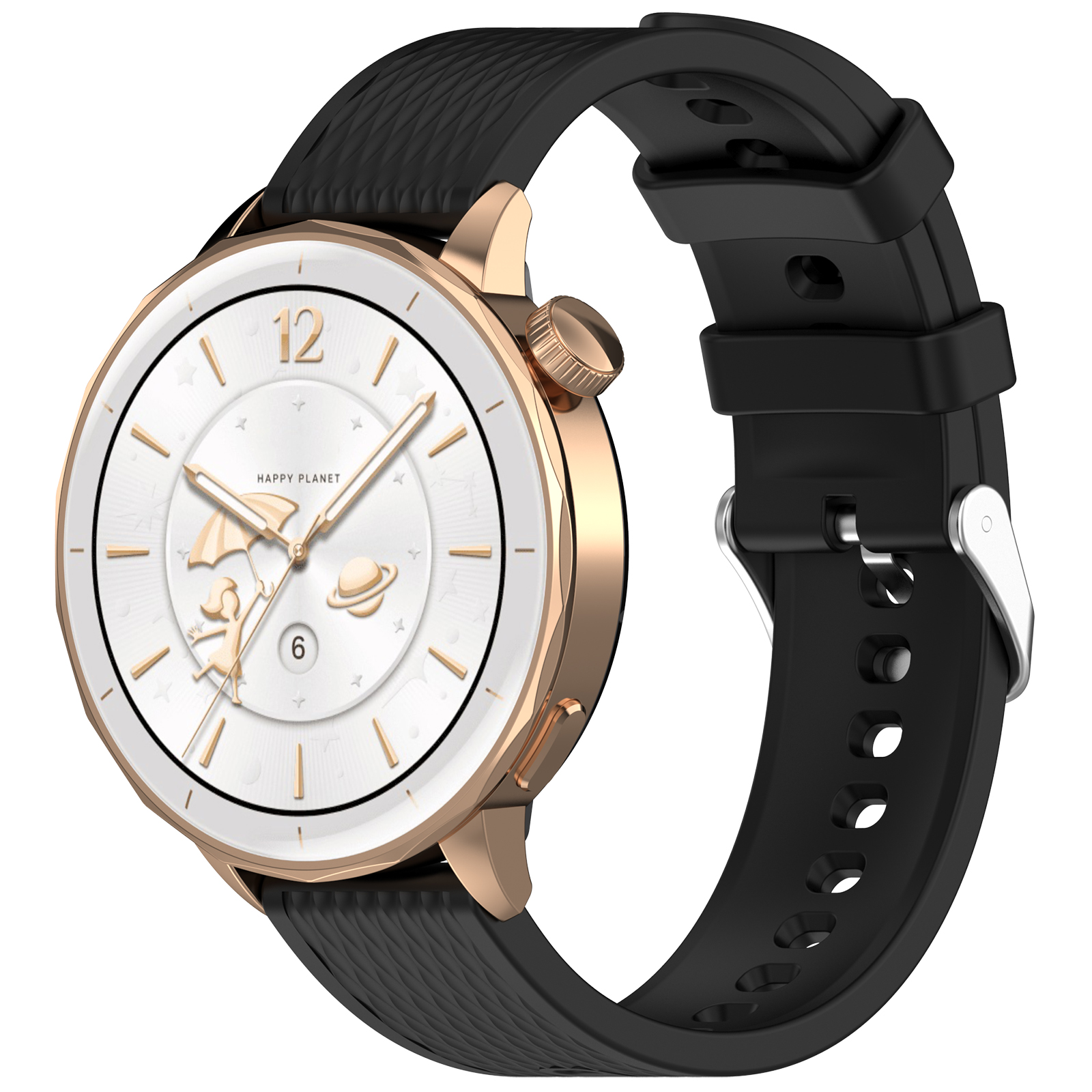 Orologio oro con cinturino nero. Il quadrante mostra l'ora e una piccola scena. Sfondo bianco.