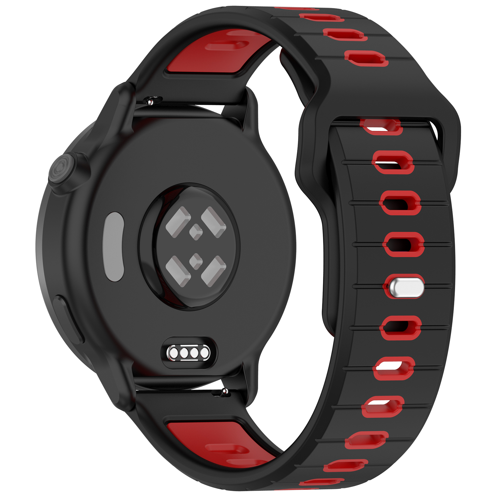 Retro di smartwatch con dettagli rossi. Mostra sensore di frequenza cardiaca e punti di ricarica. Sfondo bianco.