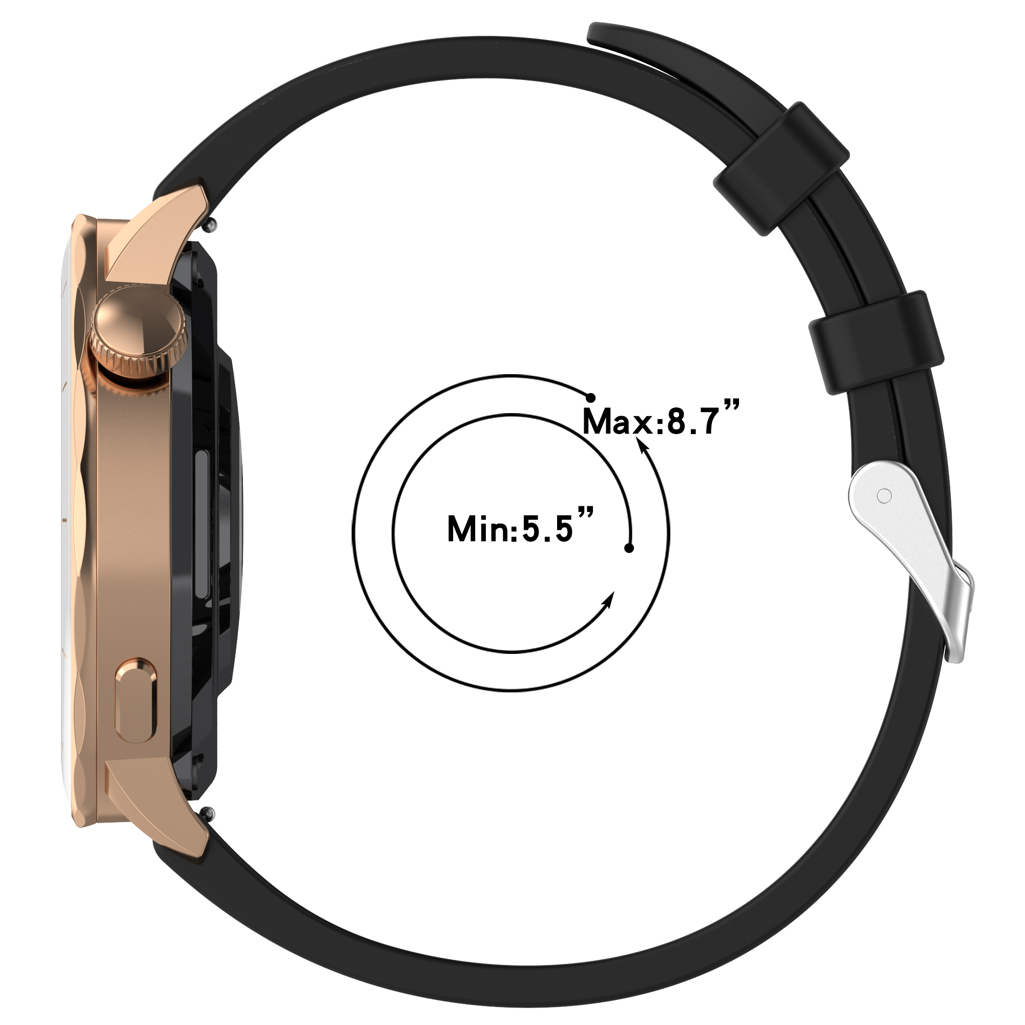 Vista laterale di uno smartwatch con cinturino nero. Cassa color oro.