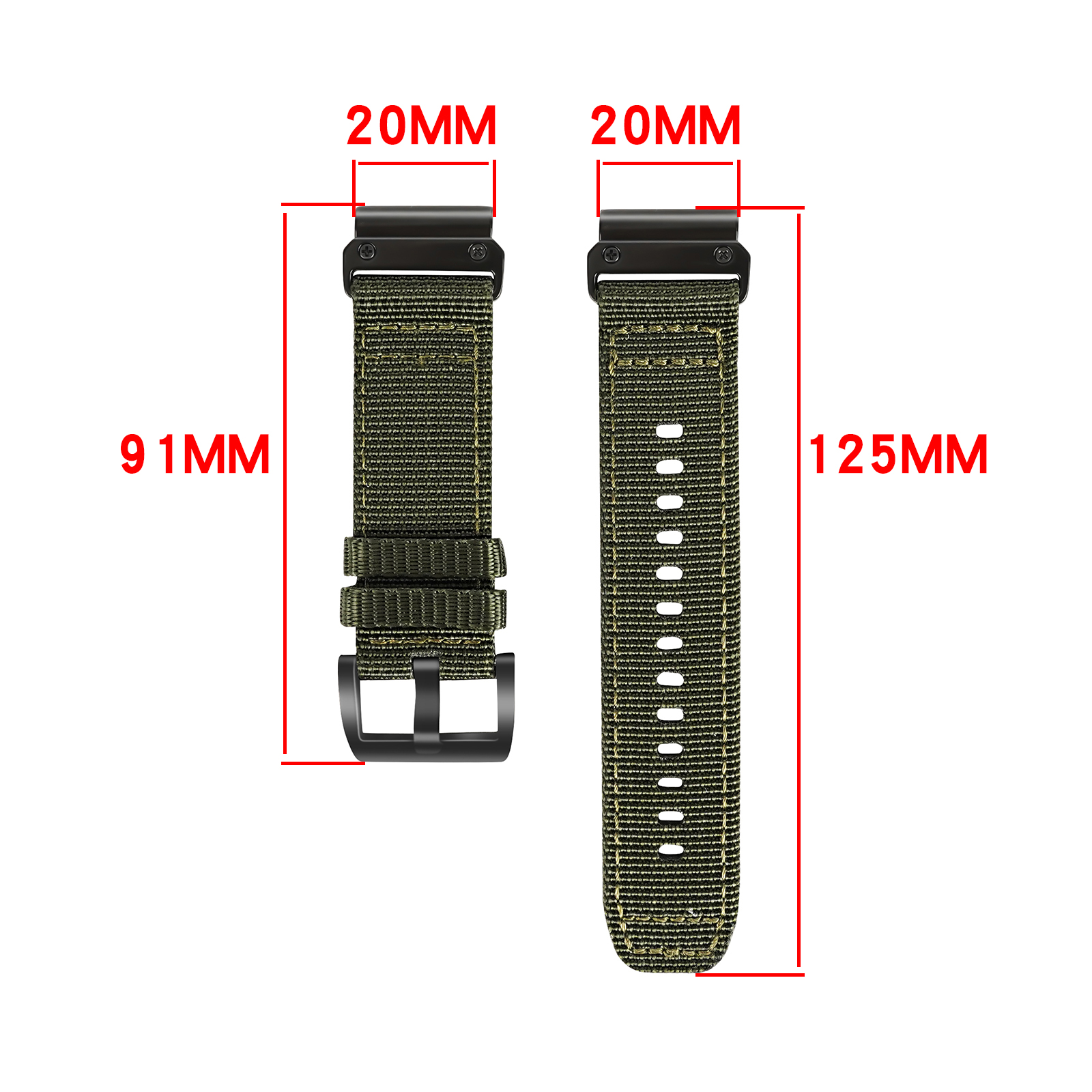 Zwei Uhrenarmbänder, grün und schwarz. Maße werden angezeigt.