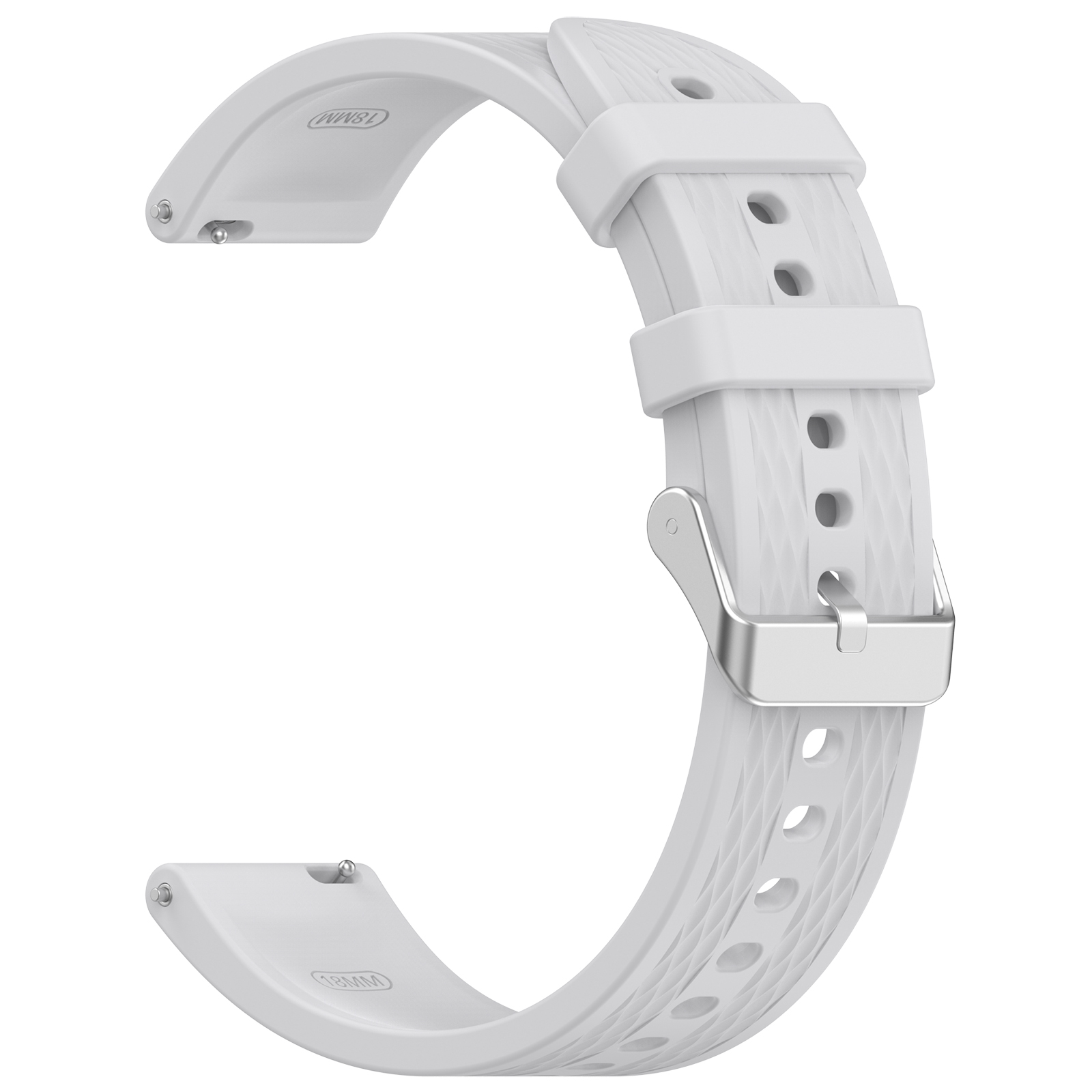Ein weißes Uhrenarmband. Das Armband hat eine silberne Schnalle und ist aus Gummi gefertigt.