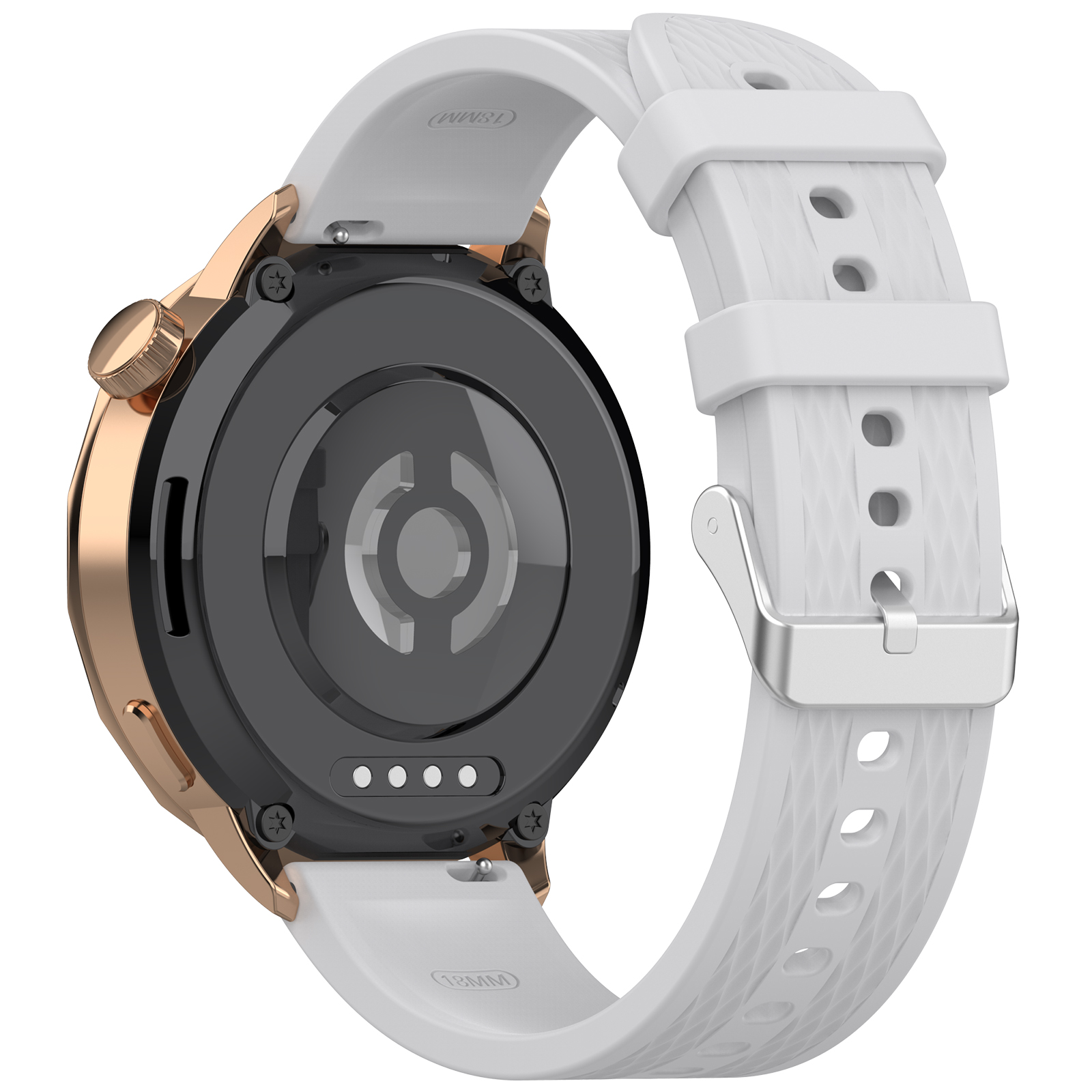 Rückseite einer Uhr mit weißem Armband. Das Zifferblatt ist schwarz und goldfarben mit Sensoren.