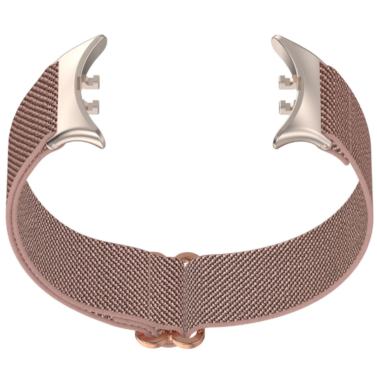 Un cinturino per orologio in oro rosa. È realizzato in materiale a rete. Le estremità sono in metallo.