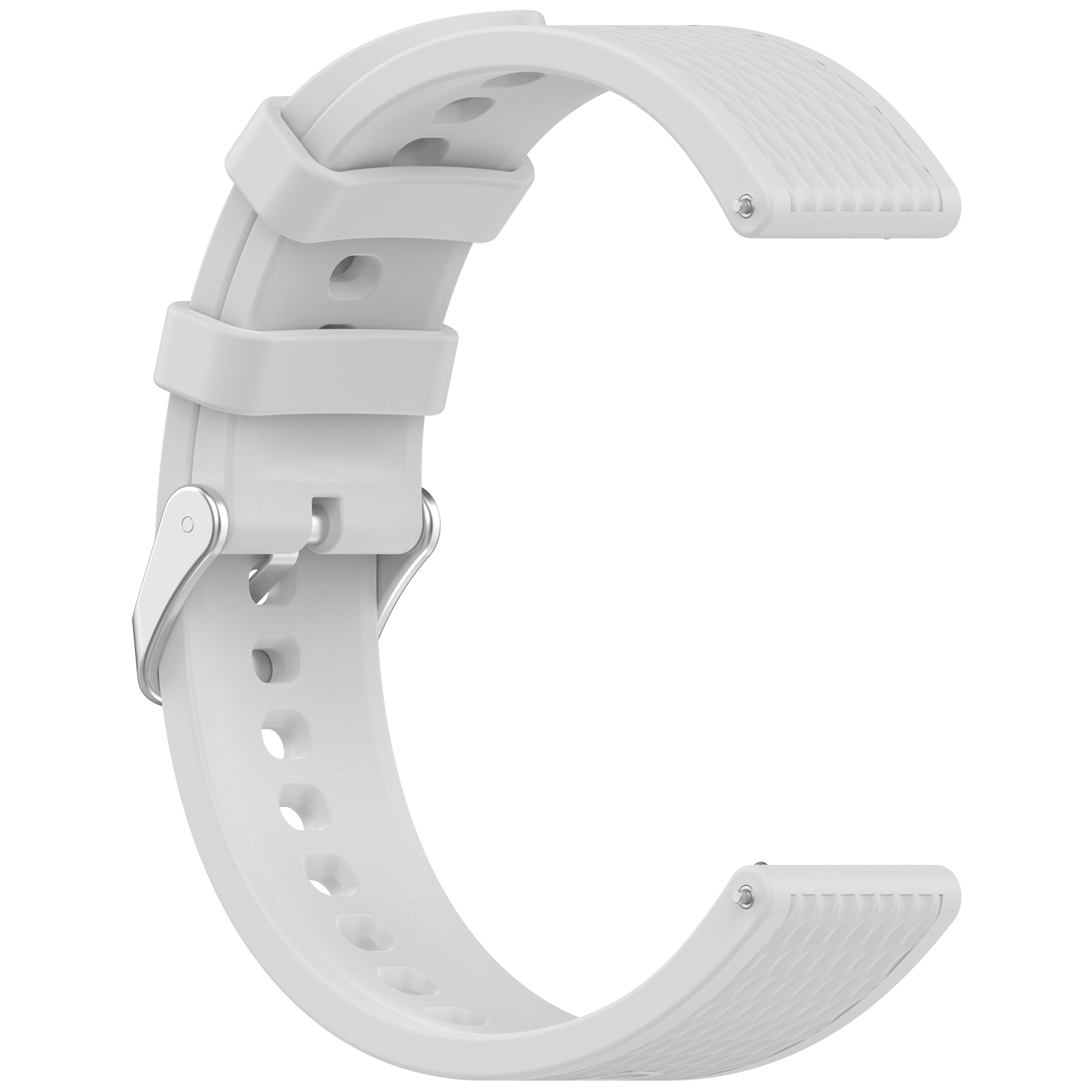 Ein weißes Uhrenarmband. Es hat einen silbernen Verschluss und ist aus Gummi gefertigt.