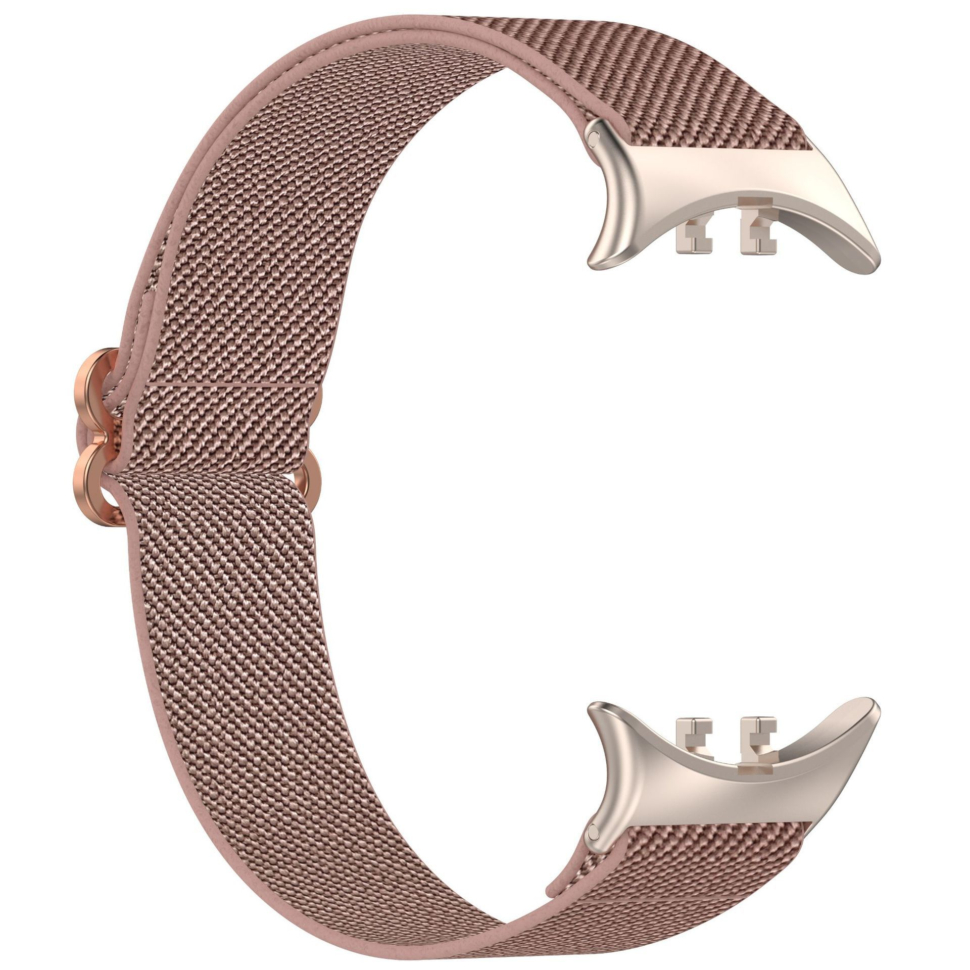 Un cinturino per orologio in oro rosa. È realizzato in materiale a rete. Le estremità sono in metallo.