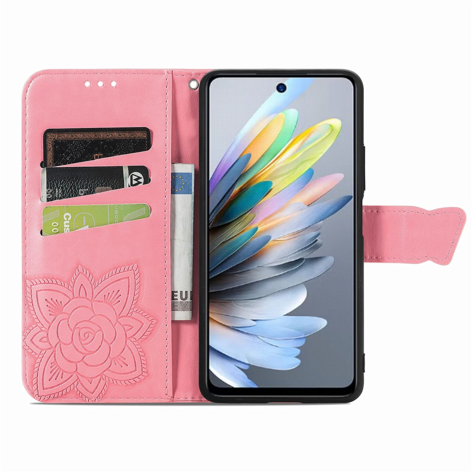 Eine rosa Handyhülle ist offen und zeigt ein Telefon mit floralem Bildschirm. Es gibt Kartenfächer und einen Geldschlitz.