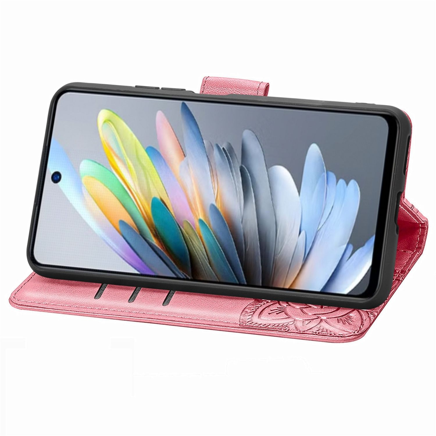 Rosa Handy-Portemonnaie, Telefon in der Mitte mit abstrakter Kunst auf dem Bildschirm.