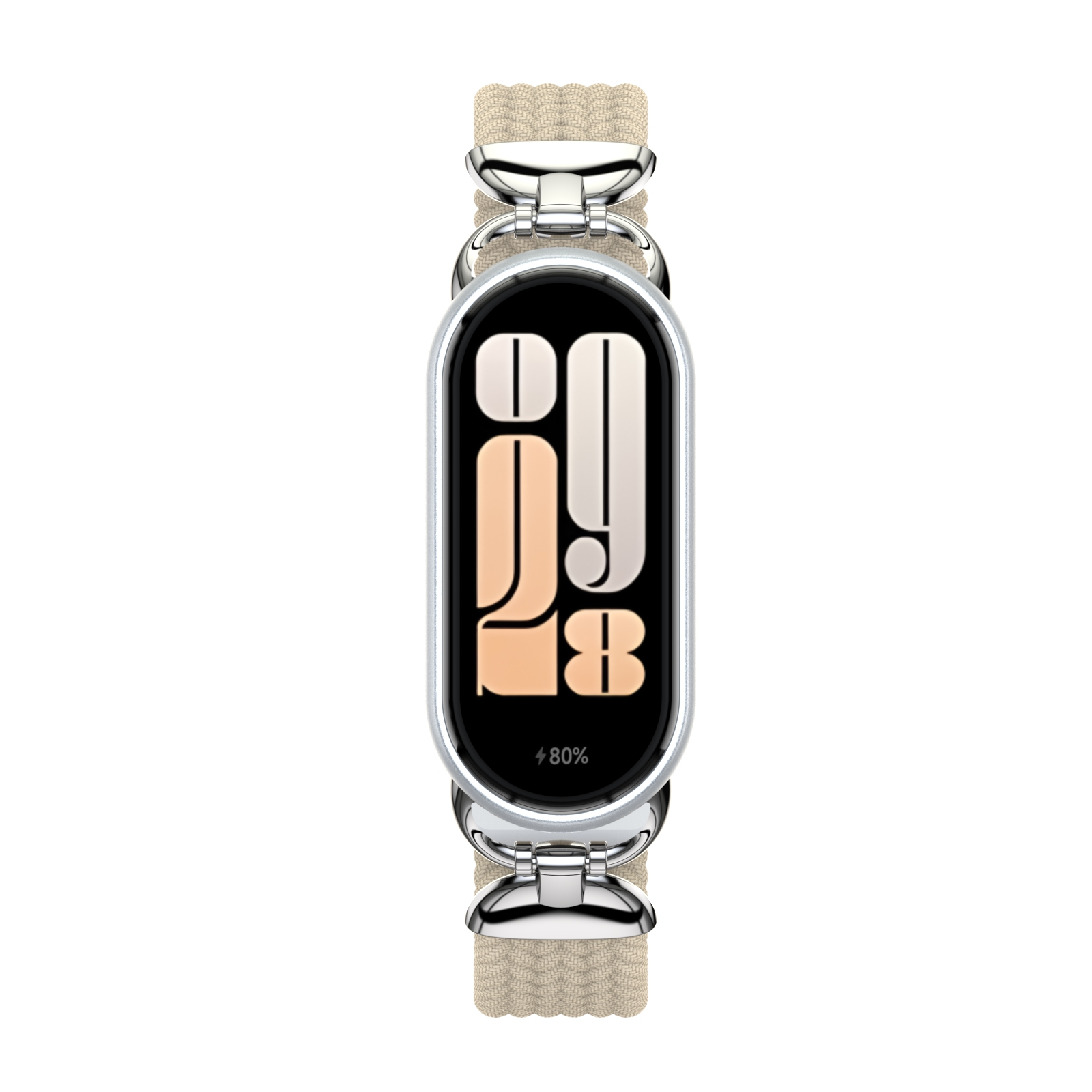 Eine Smartwatch mit neutralem Armband, die eine Digitaluhr anzeigt, auf weißer Oberfläche.