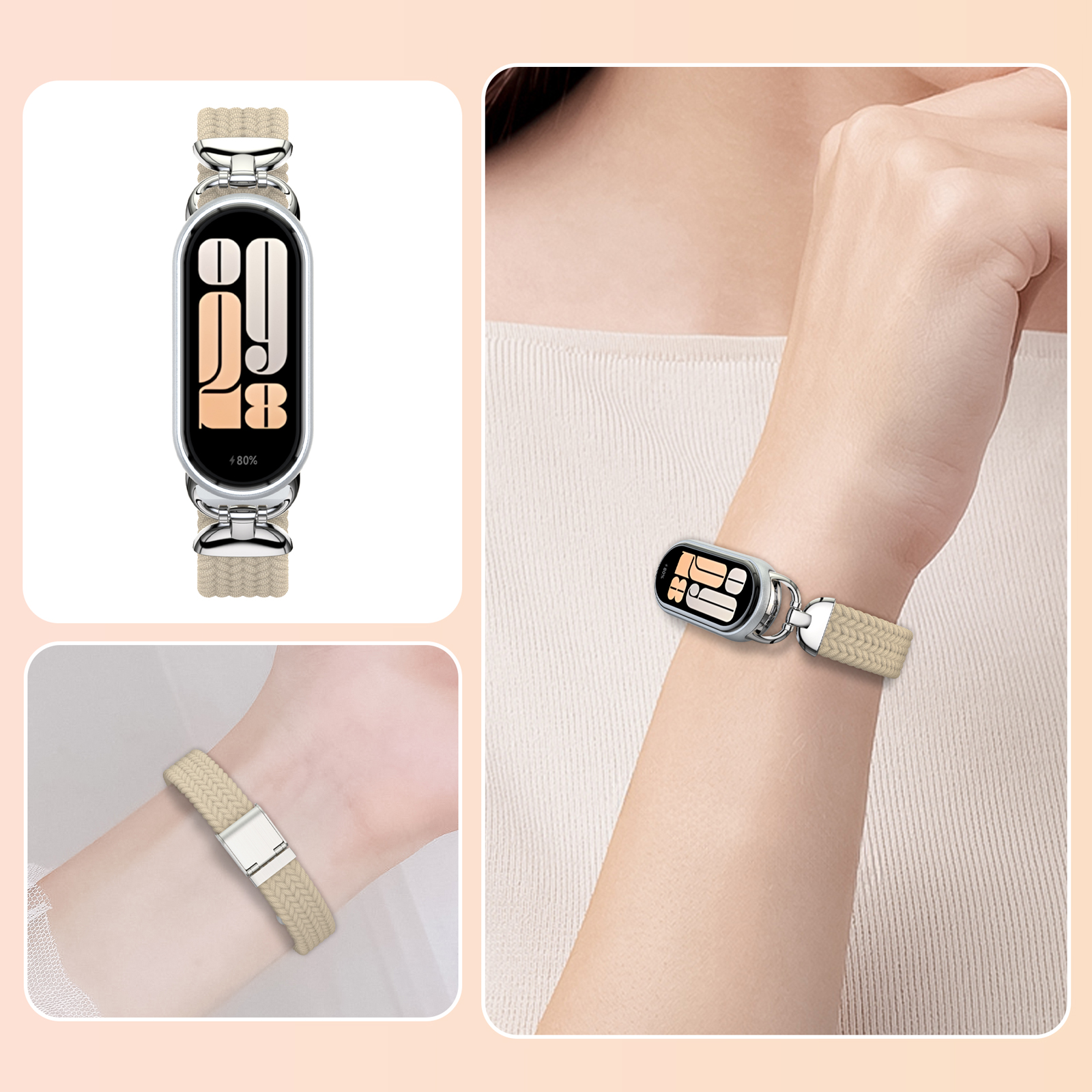 Smartwatch mit beigefarbenem geflochtenem Armband. In verschiedenen Ansichten gezeigt: am Handgelenk und abgenommen.