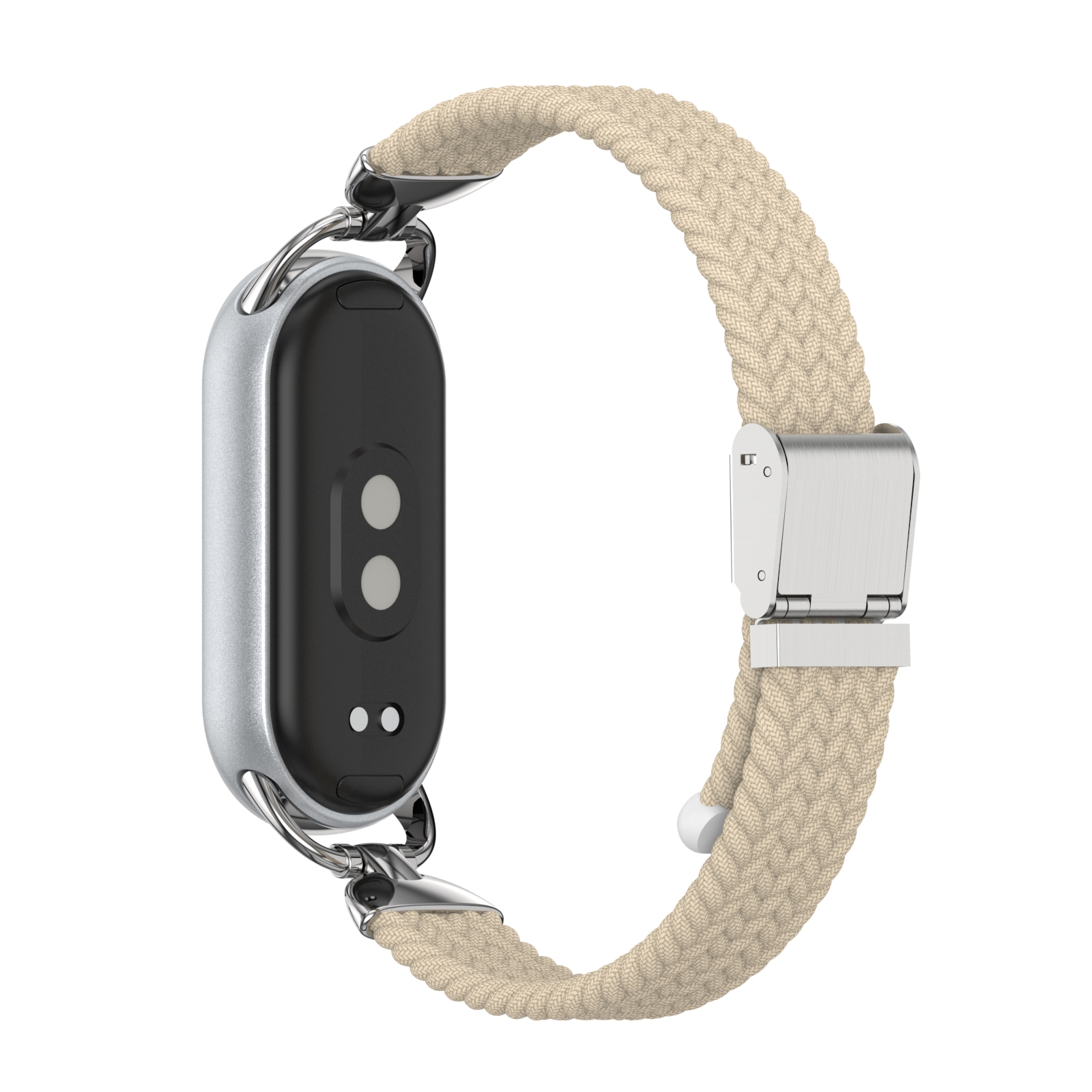 Ein beiges geflochtenes Uhrenarmband. Es ist mit einem silbernen Zifferblatt verbunden.