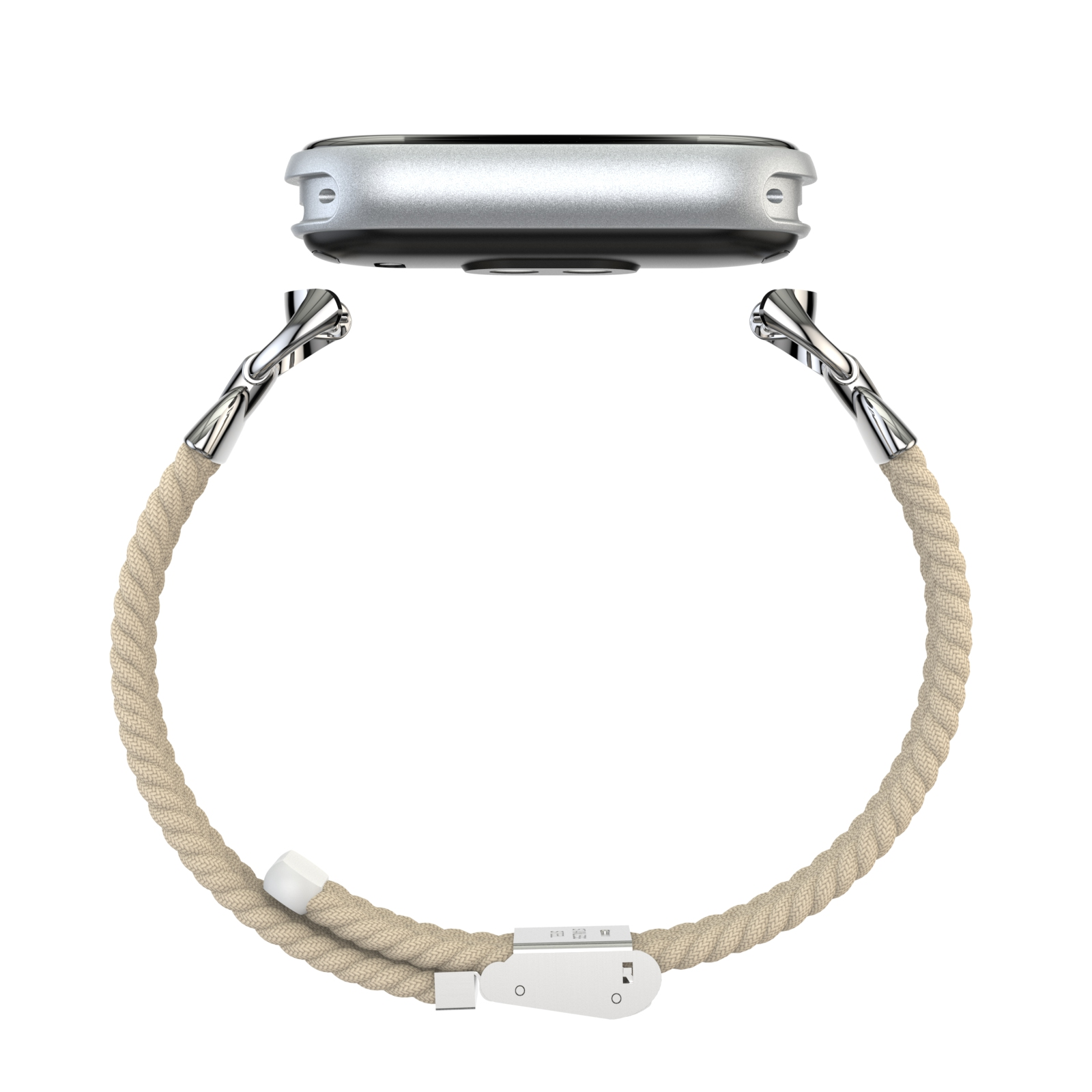 Smartwatch mit beigefarbenem geflochtenem Armband. Edelstahlverschluss. Weißer Hintergrund. Draufsicht.