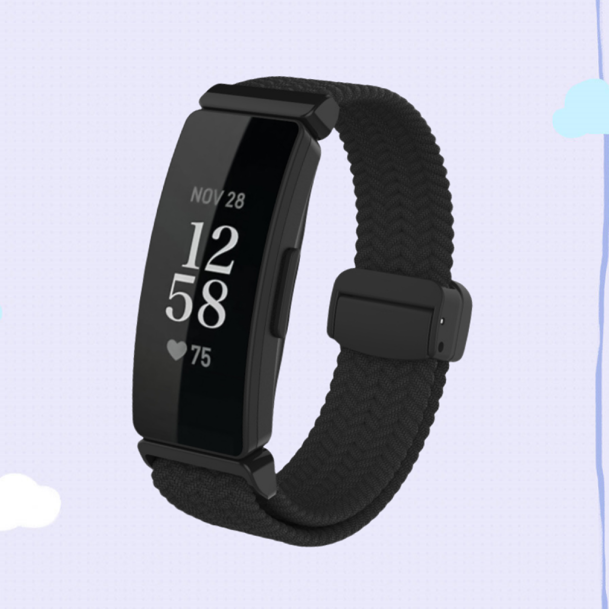 Schwarzer Fitnesstracker mit geflochtenem schwarzen Band. Anzeige zeigt Zeit, Datum und Herzfrequenz.