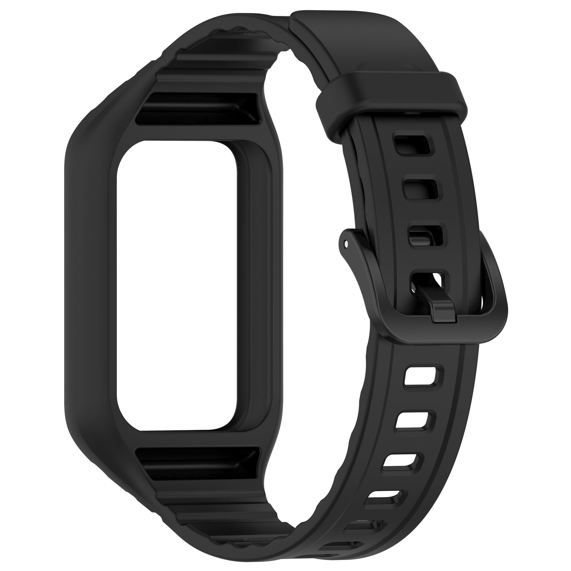 Schwarzes Uhrenarmband und Gehäuse. Das Armband und Gehäuse sind schwarz. Das Armband hat eine Schnalle.