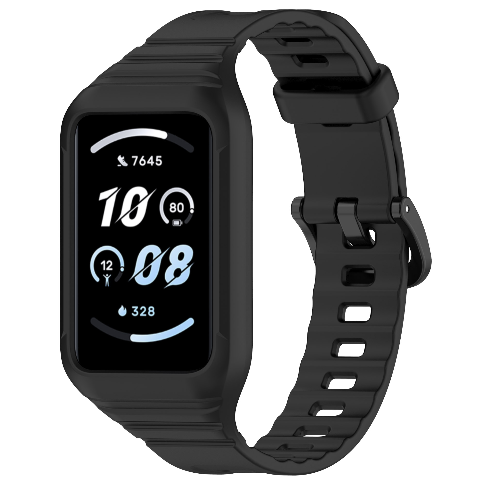 Schwarze Smartwatch mit schwarzem Armband. Anzeige zeigt Zeit und Statistiken. Weißer Hintergrund.