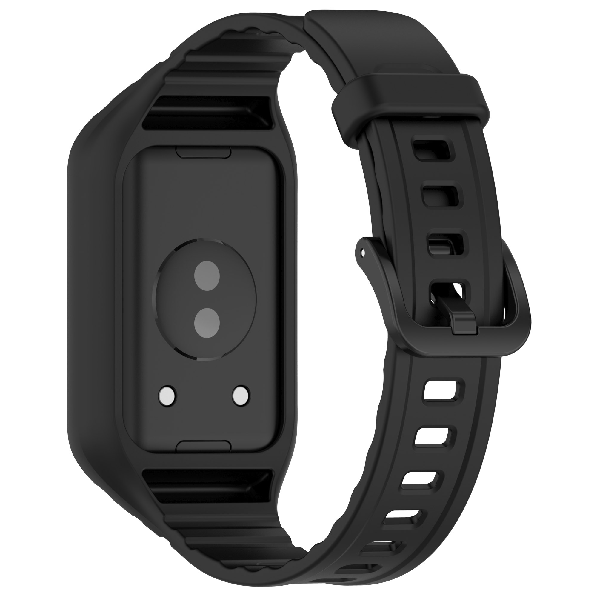 Schwarzes Uhrenarmband und Gehäuse. Rückseite hat zwei Kreise und zwei Stifte.
