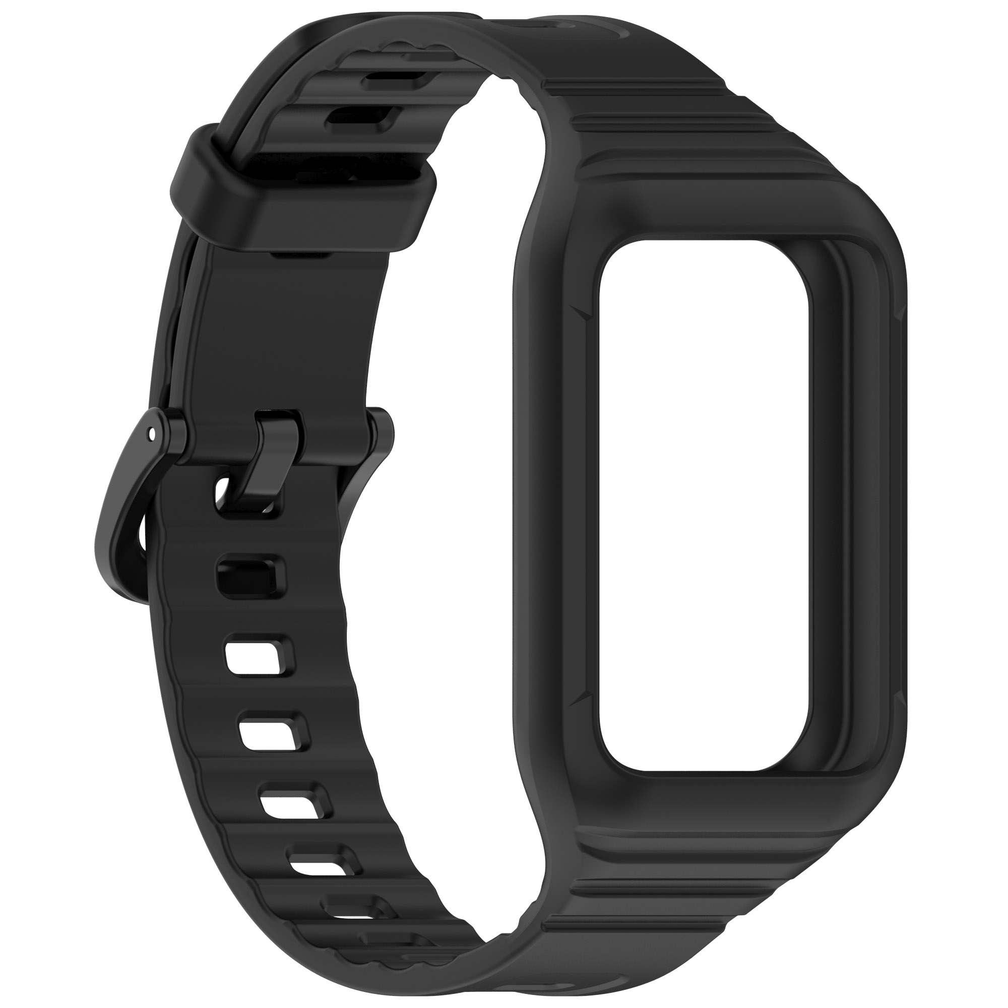 Schwarzes Smartwatch-Armband. Detail des Armbands. Weißer Hintergrund.