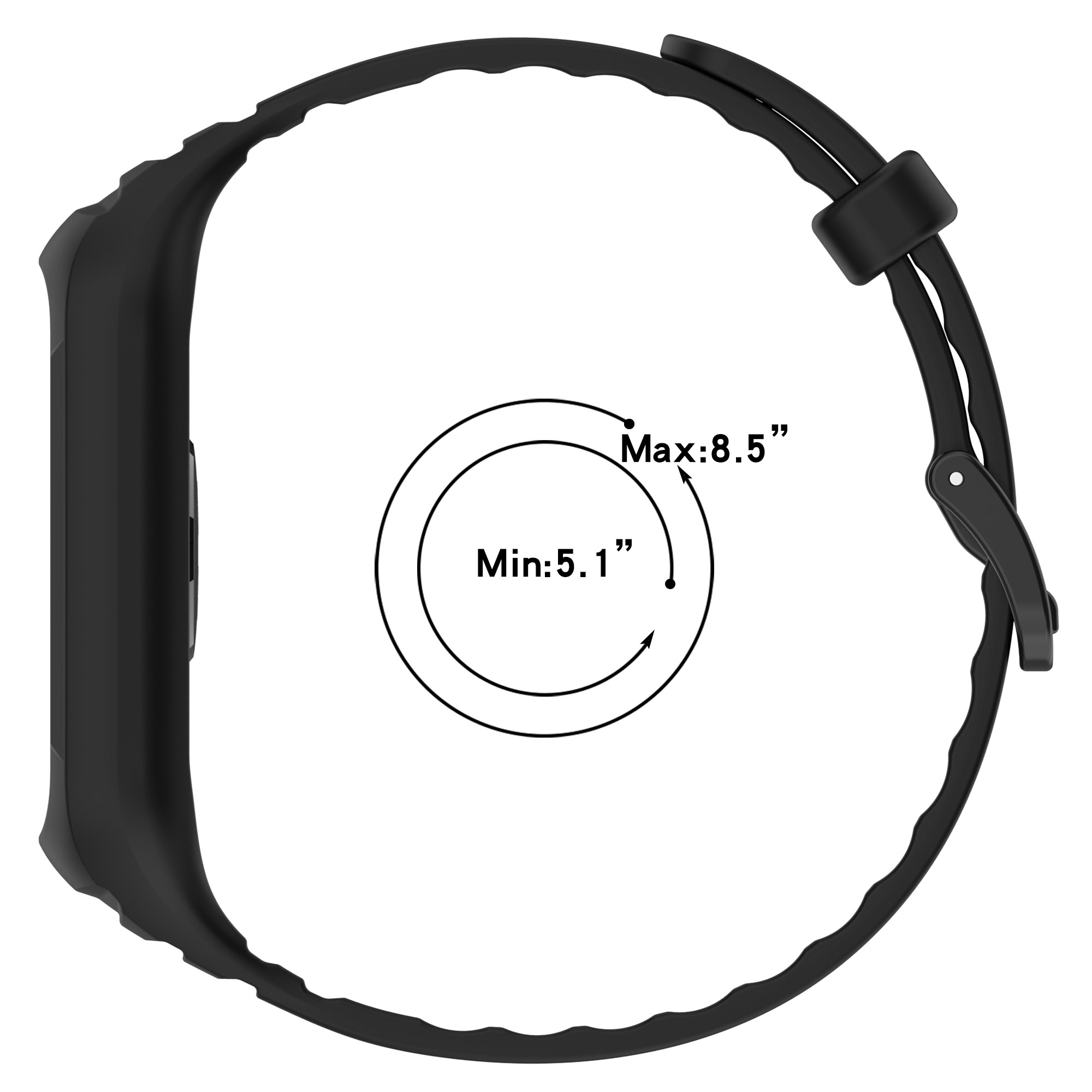 Schwarze Smartwatch mit schwarzem Armband. Messbereich wird angezeigt. Weißer Hintergrund.