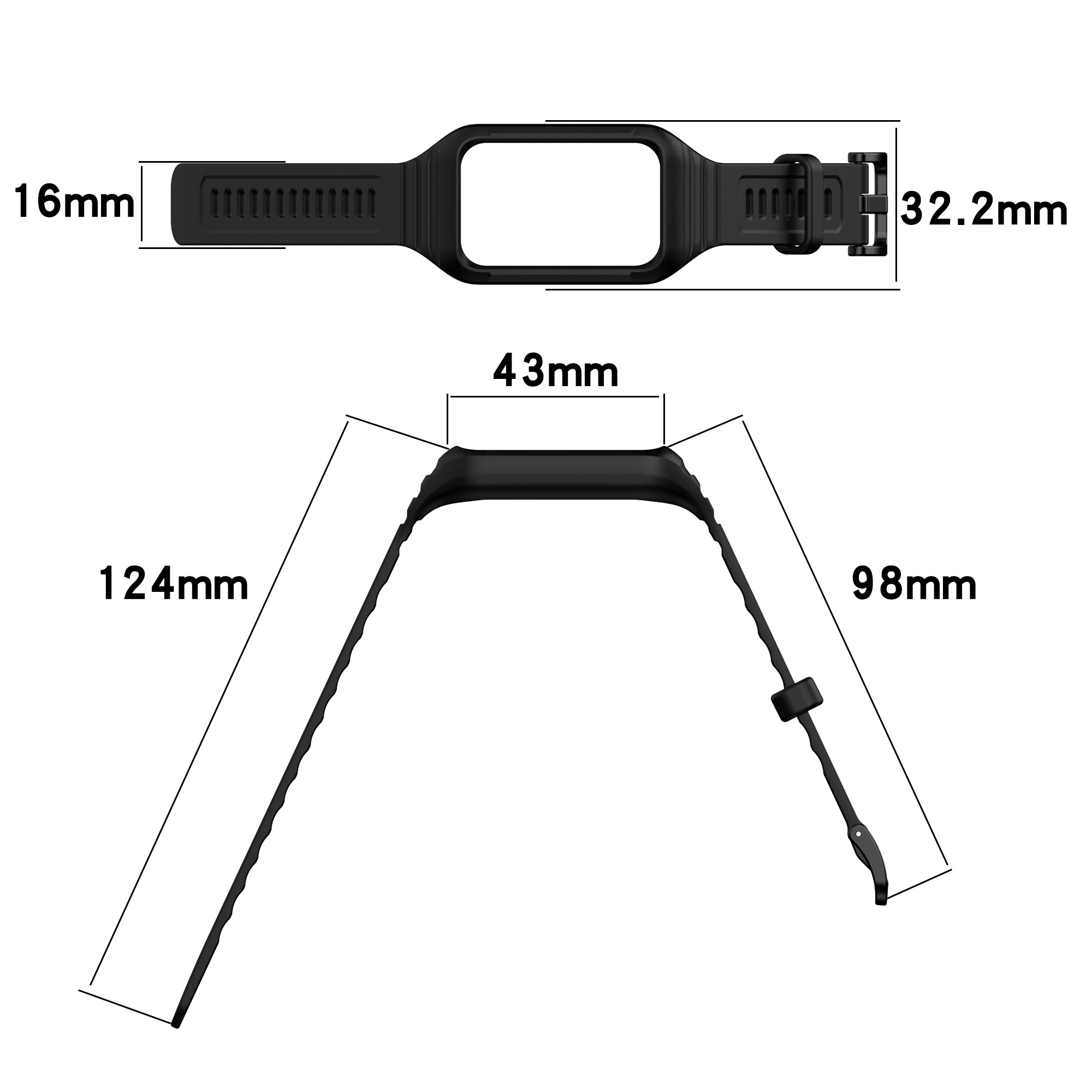 Schwarzes Smartwatch-Armband mit Maßen in mm. Weißer Hintergrund.