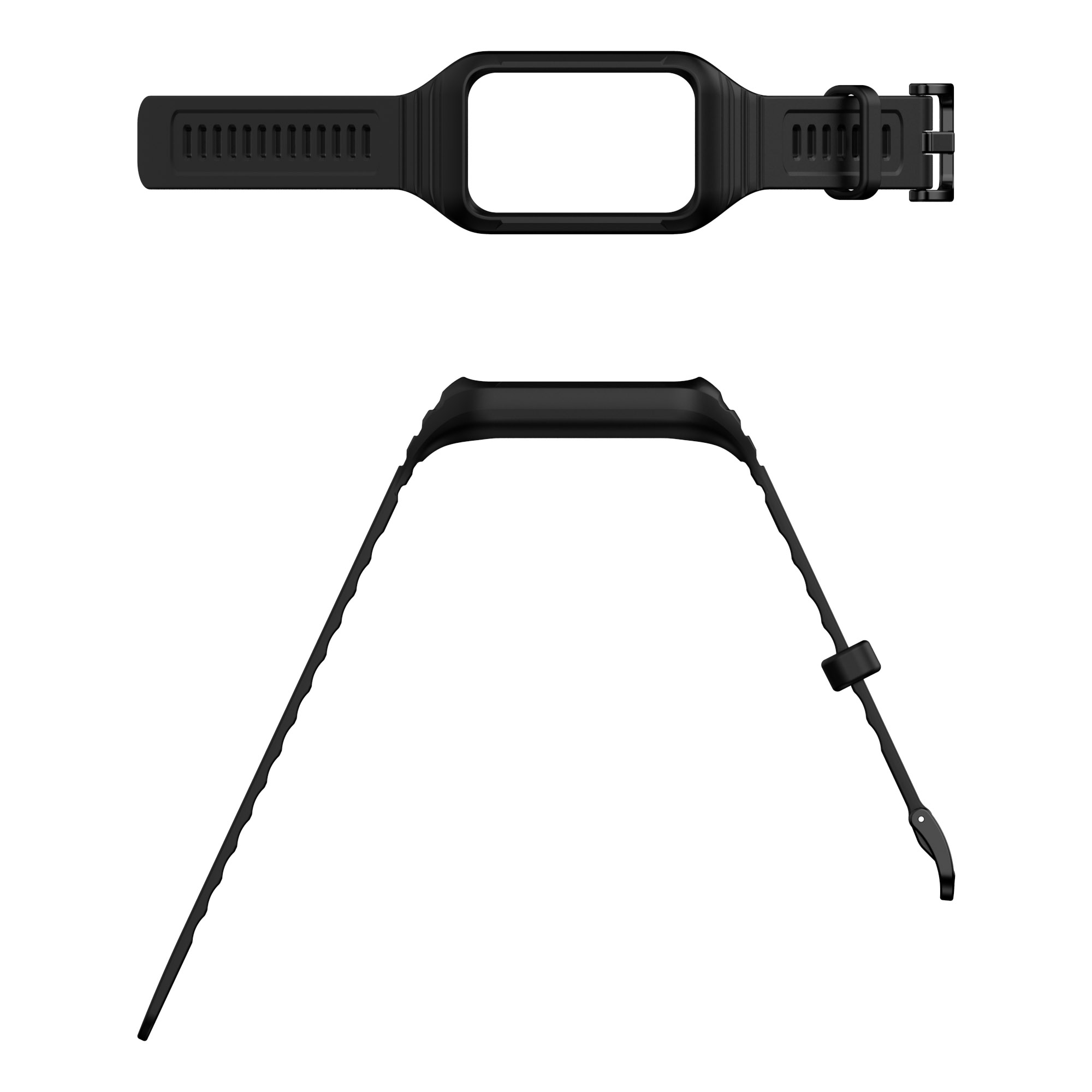 Schwarzes Smartwatch-Armband. Ober- und Unterteil gezeigt. Weißer Hintergrund.