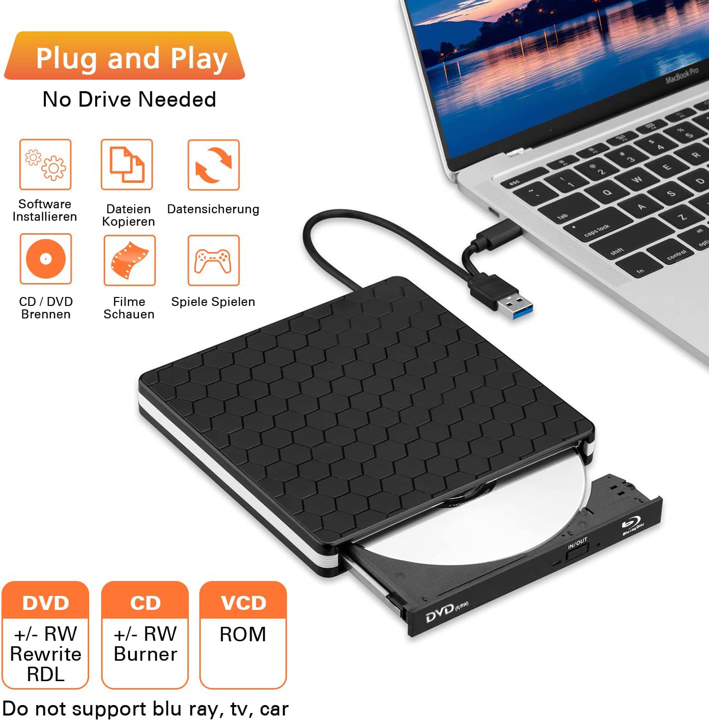 Schwarzes externes DVD-Laufwerk mit DVD im Fach, an Laptop angeschlossen.