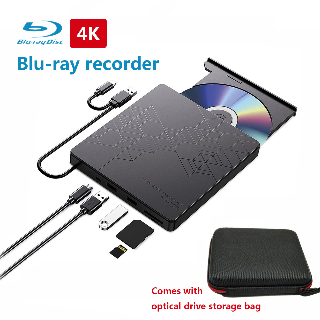 Schwarzer Blu-ray-Rekorder mit Disc und Aufbewahrungstasche. USB und andere Anschlüsse. Weißer Hintergrund.