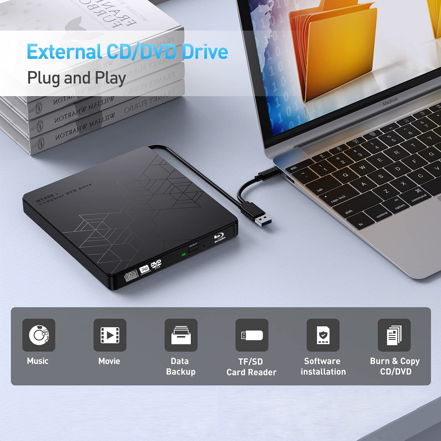 Schwarzes externes CD/DVD-Laufwerk mit einem Laptop. Symbole für Musik, Film, Datensicherung und mehr.