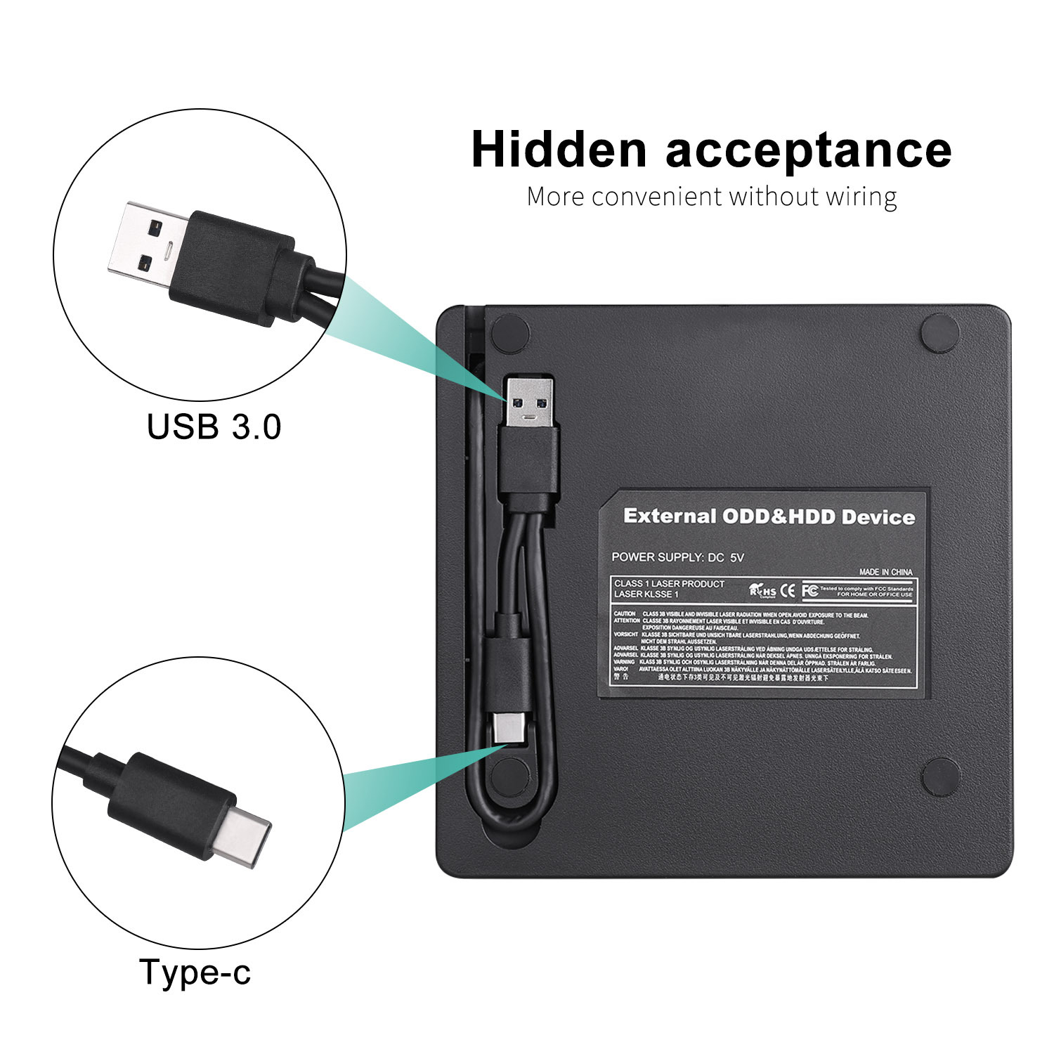 Unteransicht eines schwarzen DVD-Laufwerks. USB 3.0- und Typ-C-Anschlüsse. Weißer Hintergrund.