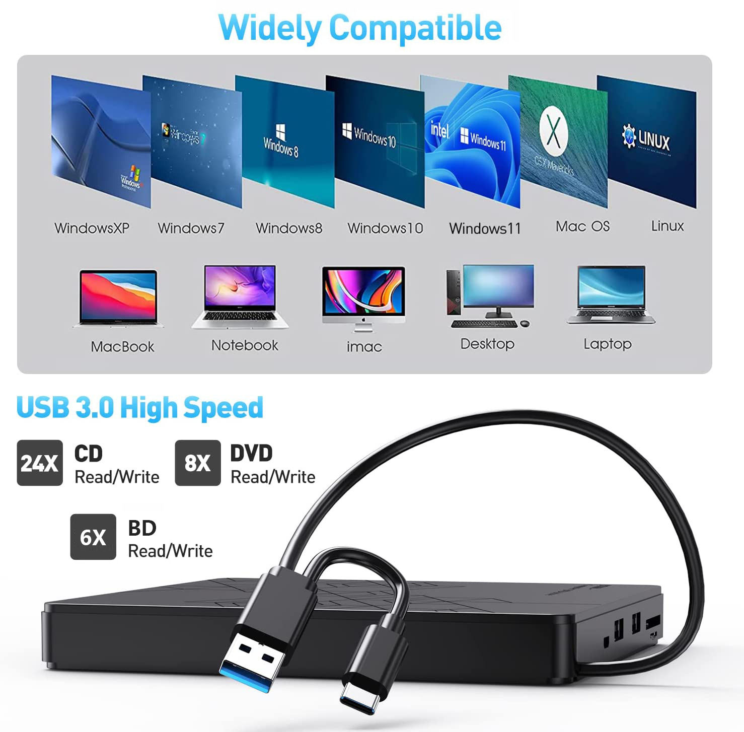 Ein schwarzes externes DVD-Laufwerk mit USB-Anschluss und verschiedenen Systemlogos.