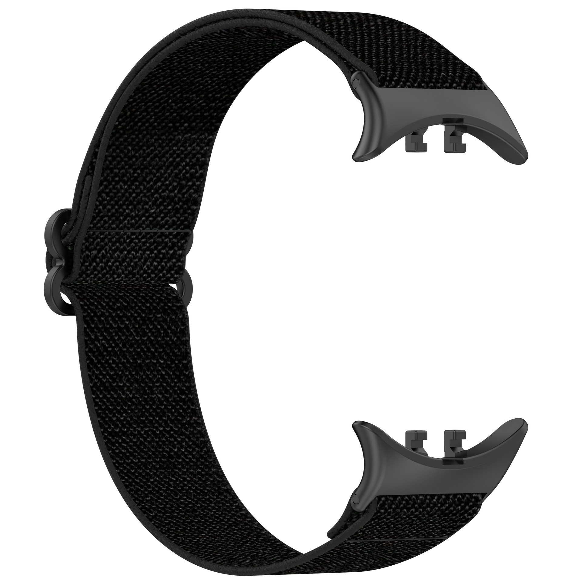 Schwarzes Uhrenarmband. Schwarze Schnalle und Anschlüsse. Weißer Hintergrund.