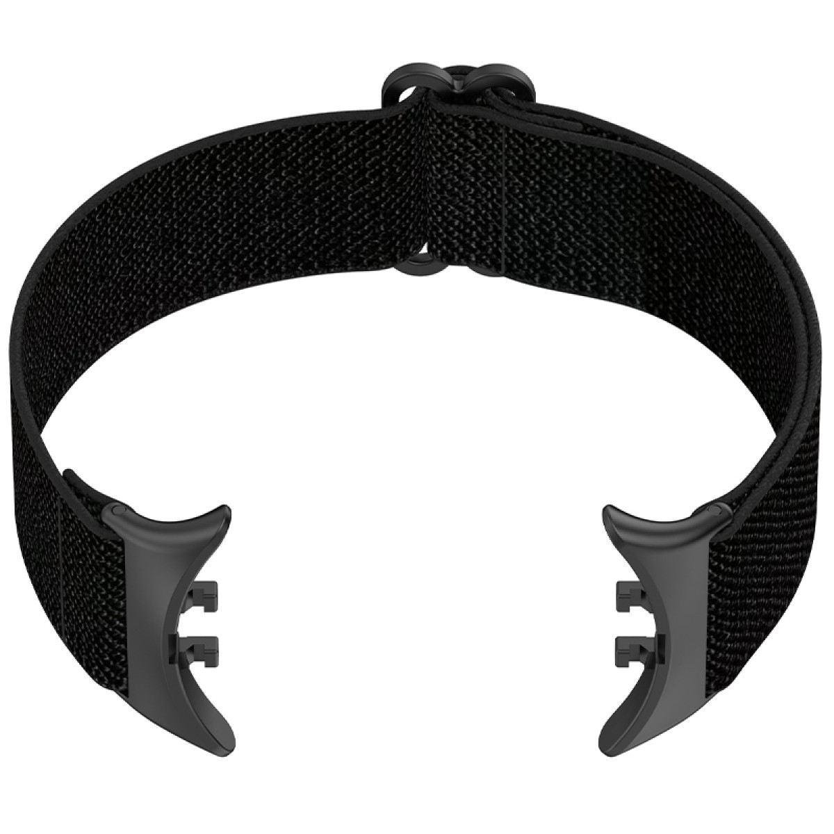 Schwarzes Uhrenarmband, offen. Schwarze Schnalle und Anschlüsse. Weißer Hintergrund.