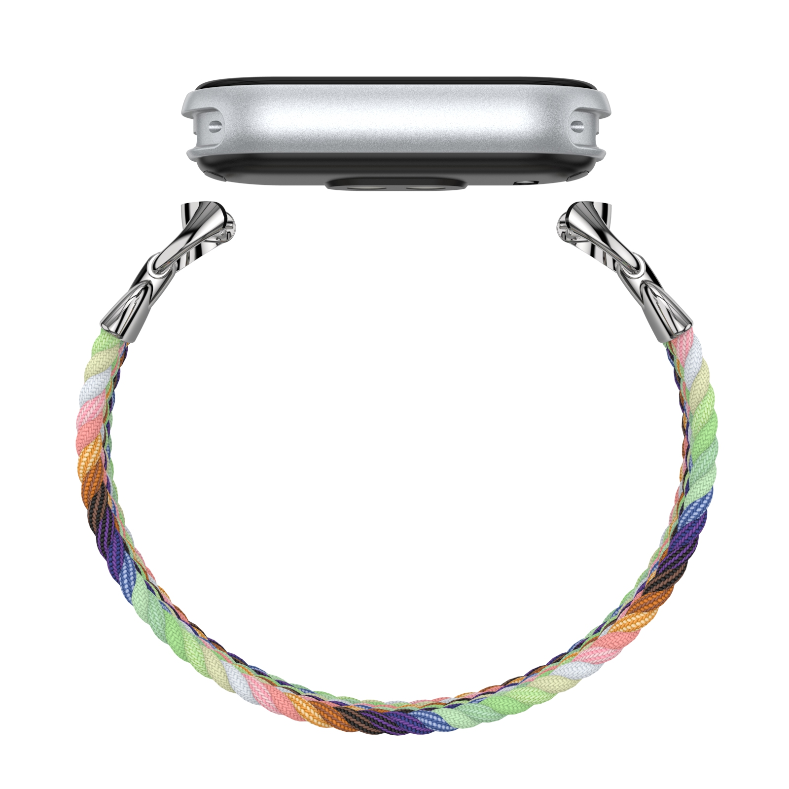 Cinturino con base argentata e cinturino intrecciato multicolore, su sfondo bianco.