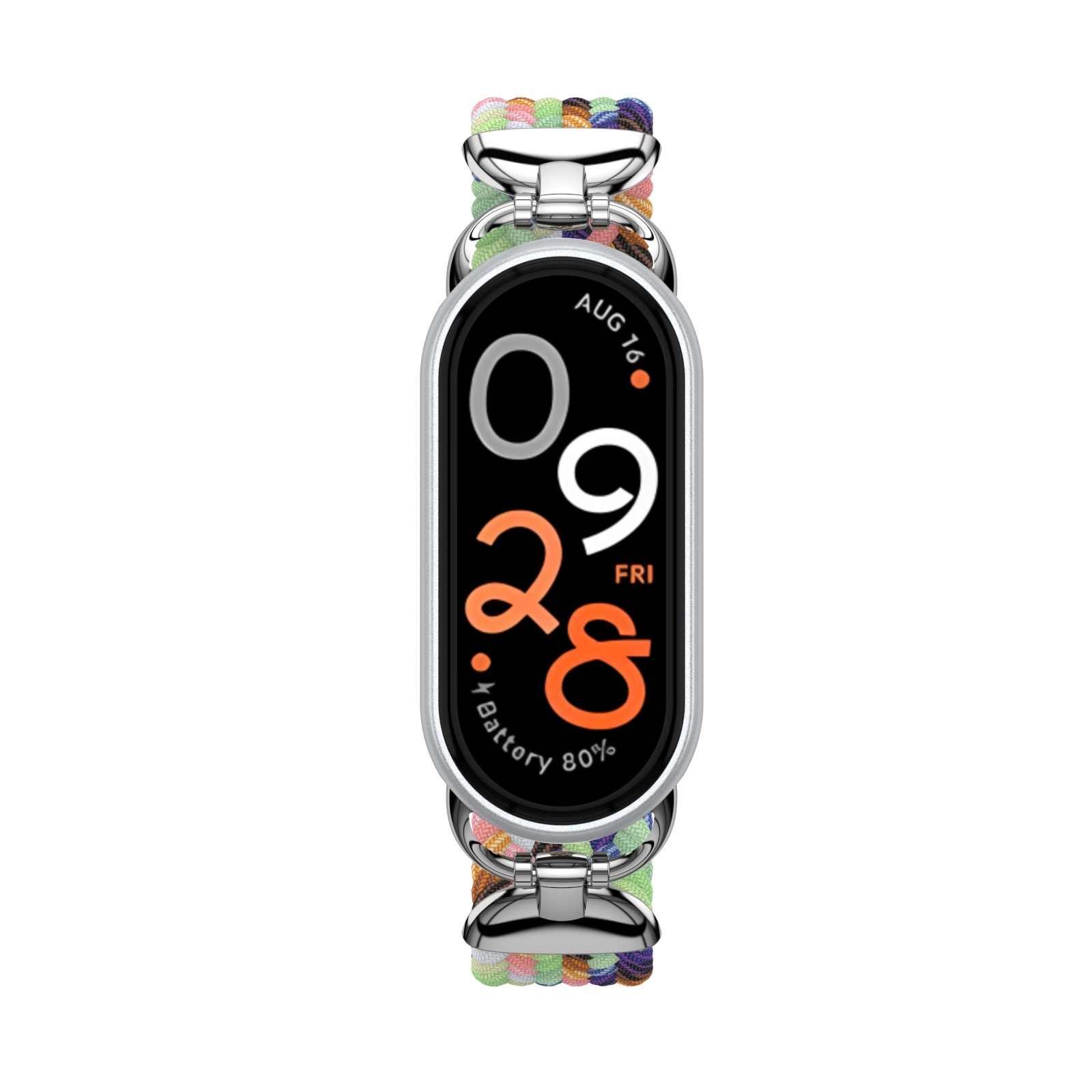 Smartwatch con cassa argentata e cinturino intrecciato colorato.