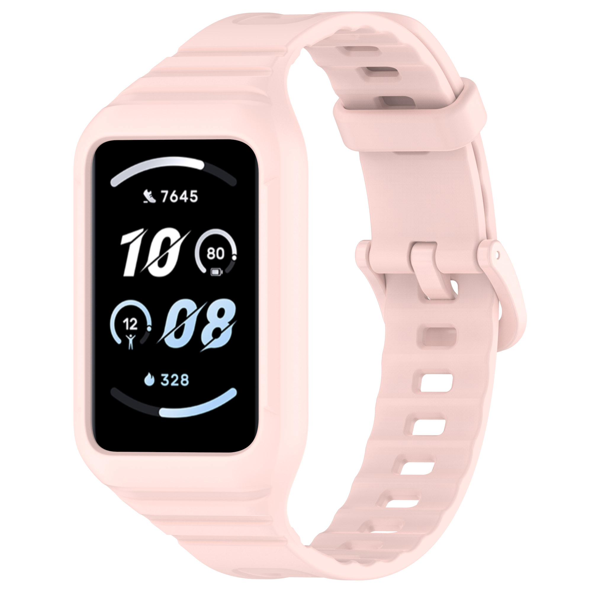 Eine pinkfarbene Smartwatch mit pinkfarbenem Armband.
