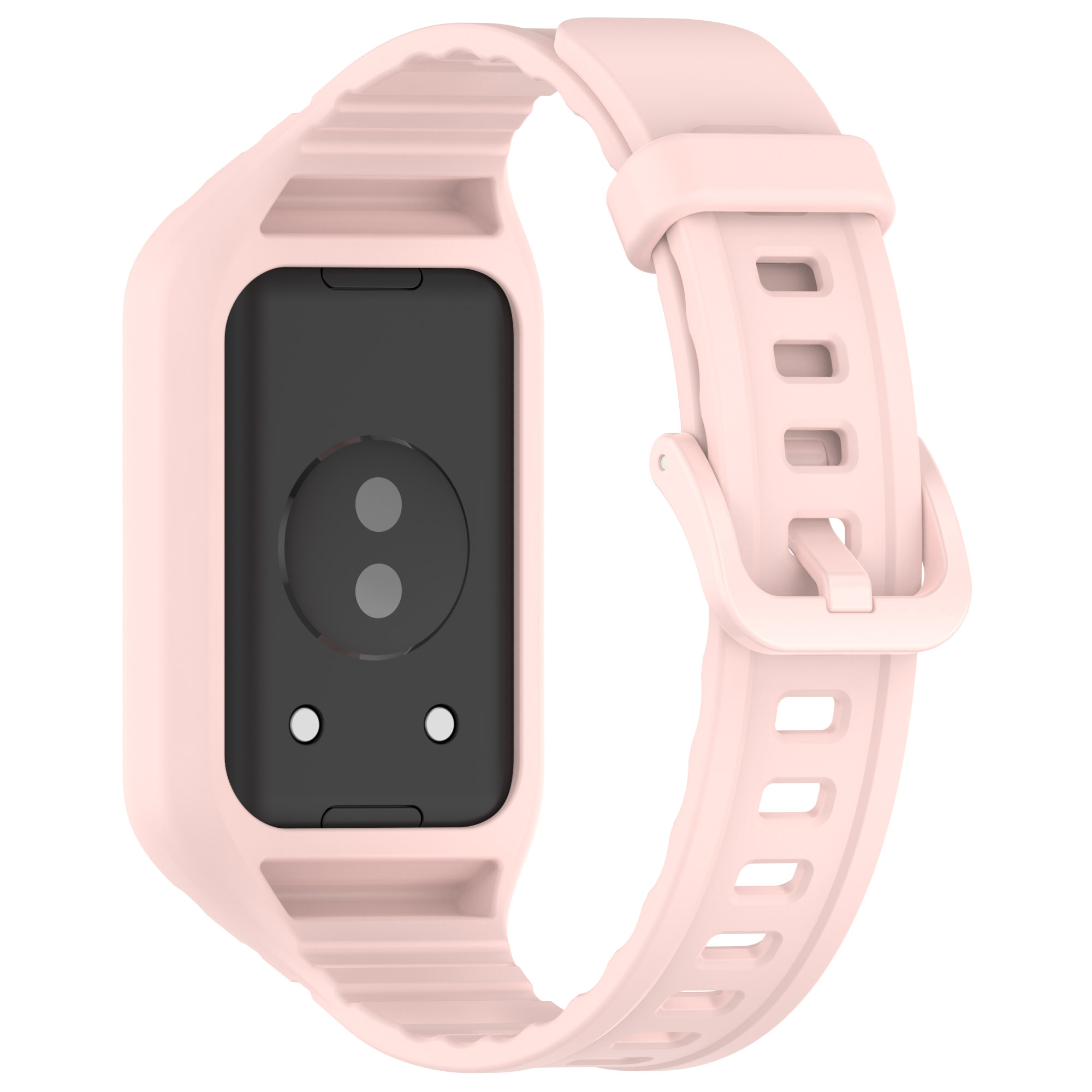 Rosa Uhrenarmband mit Rahmen für die Uhr. Die Rückseite des Armbands ist sichtbar. Weißer Hintergrund.