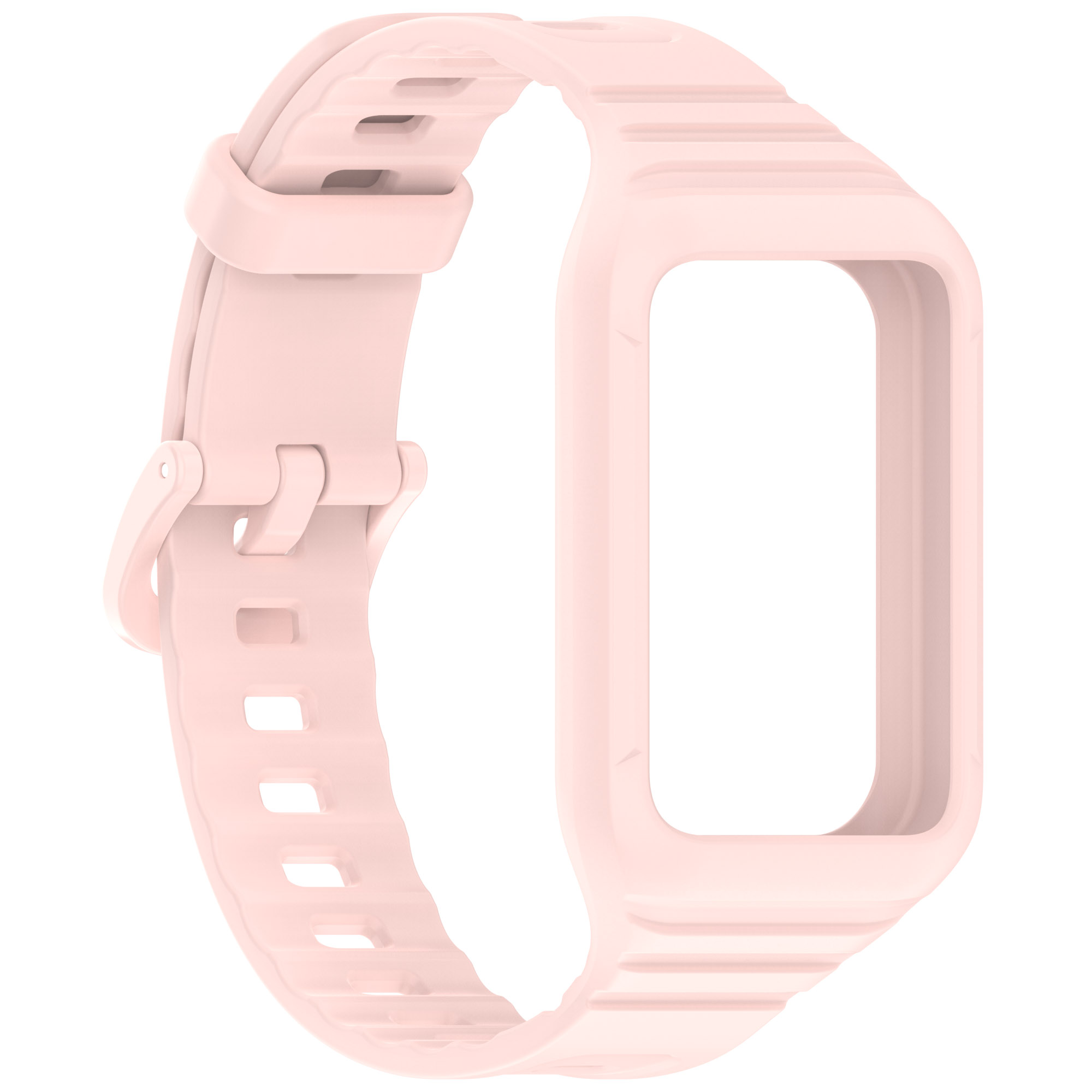 Rosa Uhrenarmband mit Rahmen für die Uhr, auf weißem Hintergrund. Keine Uhr vorhanden.