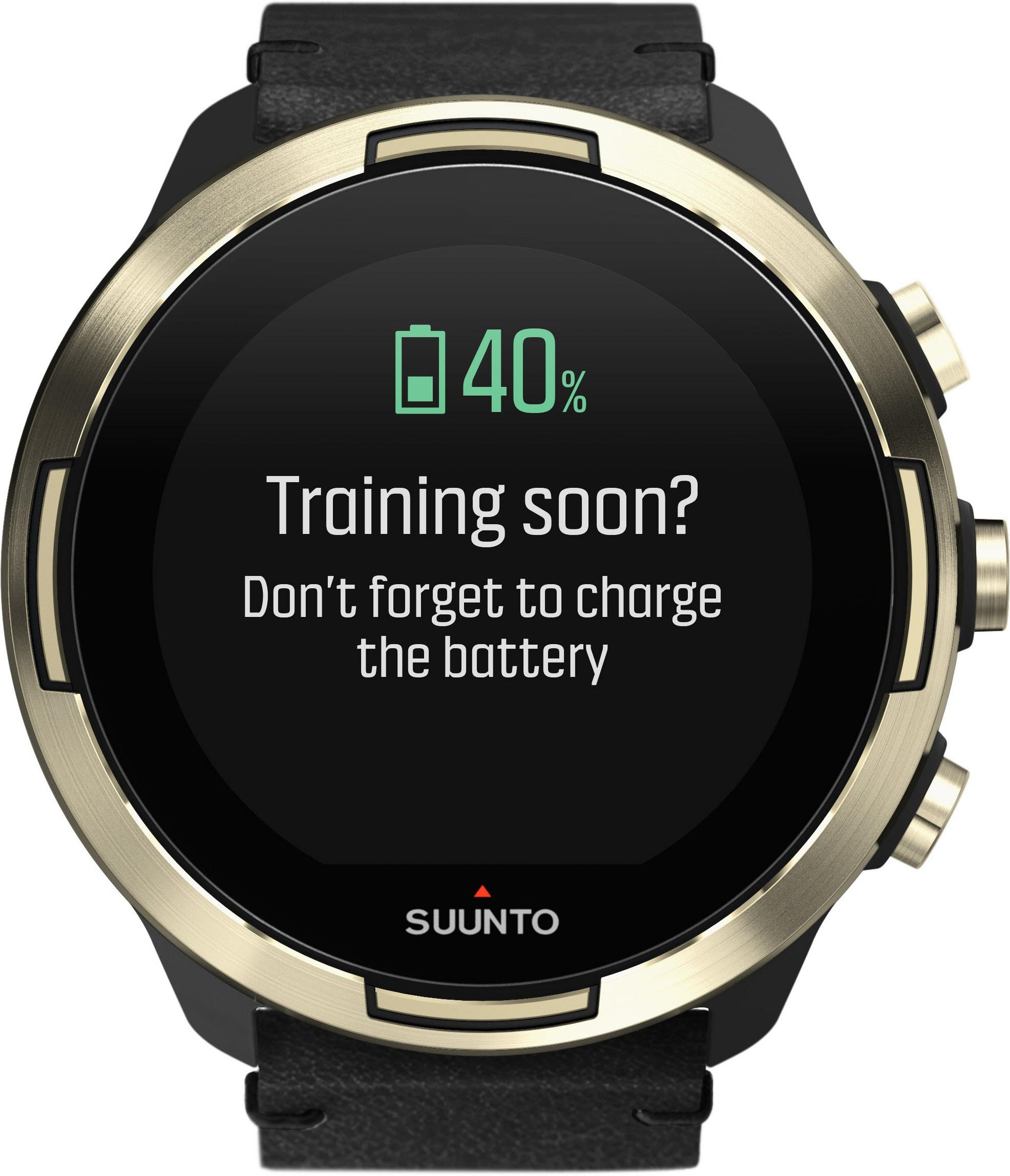 Smartwatch-Bildschirm zeigt Nachricht: 'Training bald? Vergiss nicht, den Akku zu laden'.