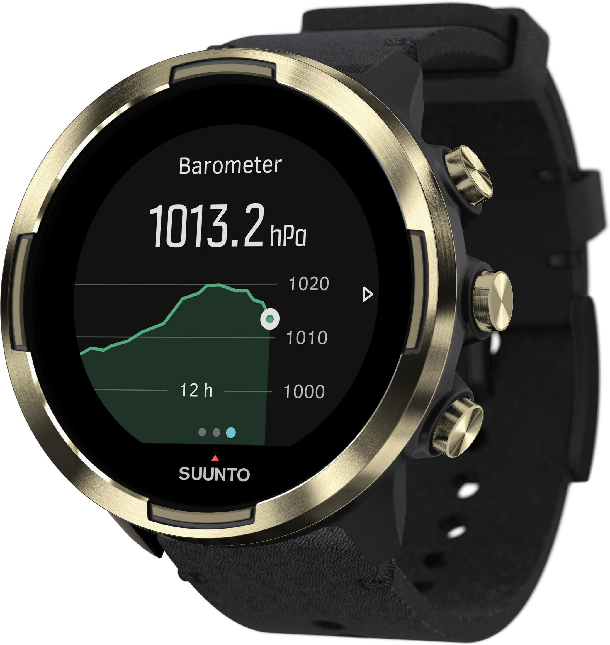 Smartwatch mit Barometer-Diagramm und Daten für 12 Stunden, mit goldener Lünette.