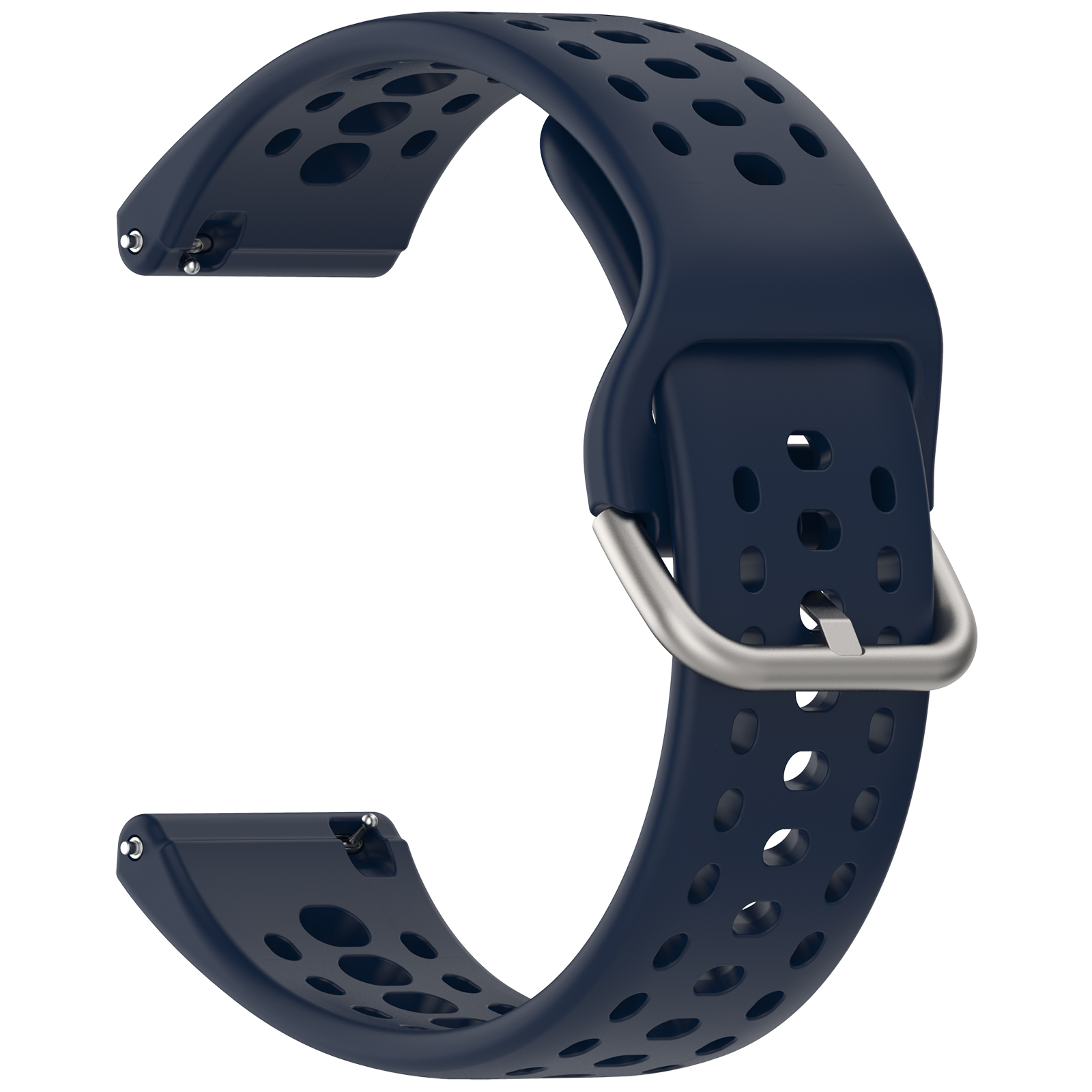 Blaues Smartwatch-Armband mit Löchern, Metallschnalle. Gebogene Form, marineblaue Farbe.