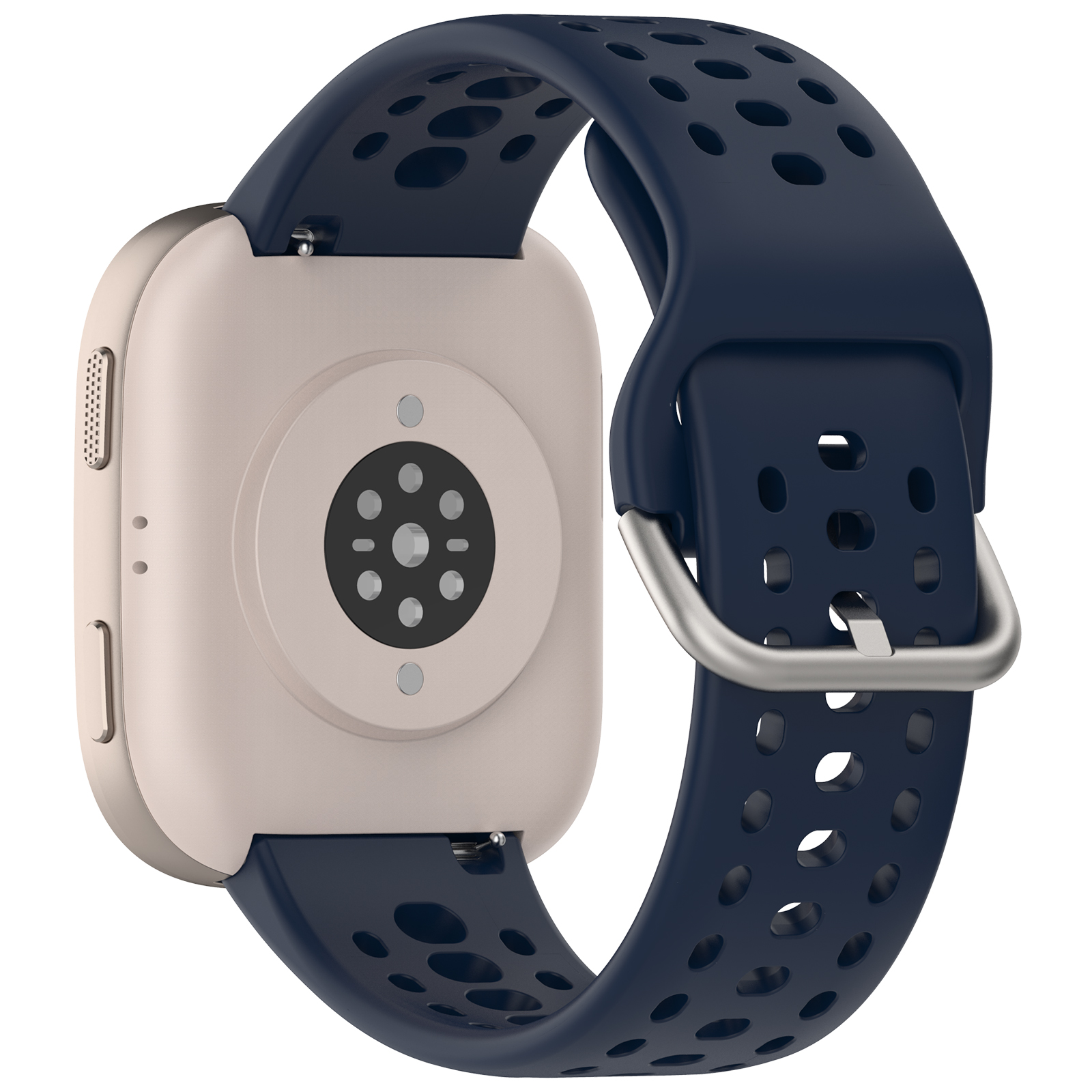 Rückseite einer Smartwatch mit dunkelblauem Armband, zeigt Sensoren und Schnalle.