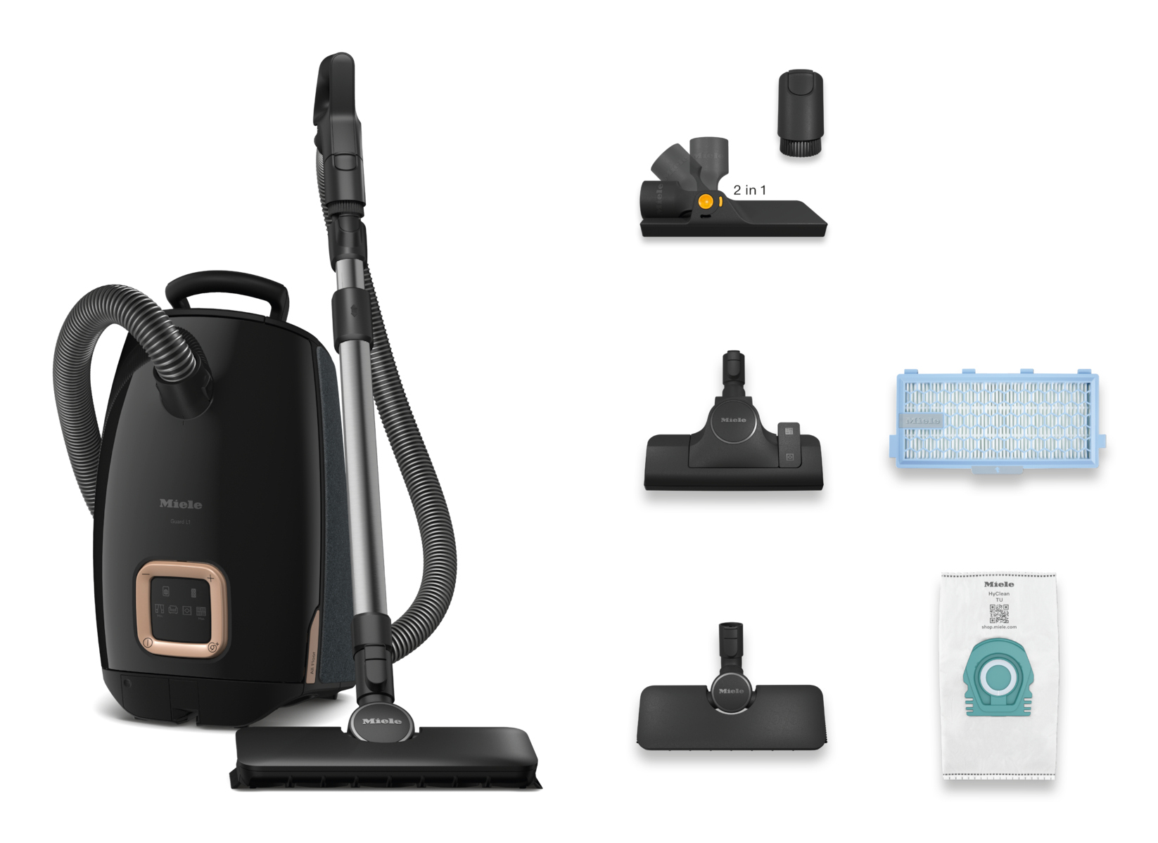 Zwarte stofzuiger met accessoires. Inbegrepen zijn diverse opzetstukken, filters en een zak, allemaal op wit.