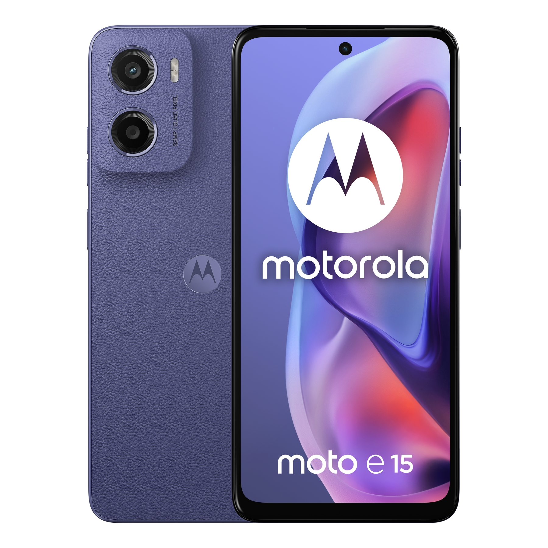 Fioletowy smartfon z podwójnym aparatem i logo Motorola na białym tle.