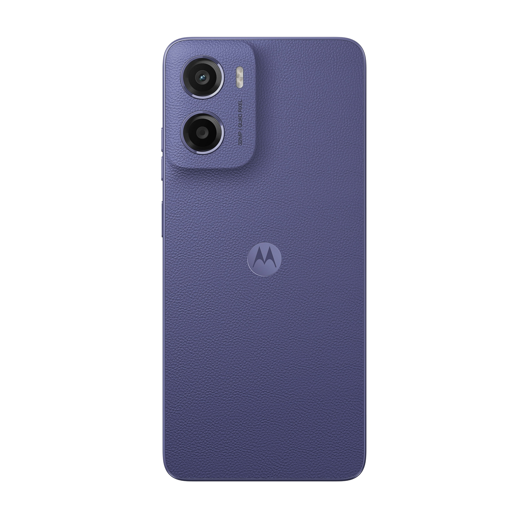 Tył fioletowego smartfona z podwójnym aparatem, logo Motorola i teksturowanym wykończeniem.