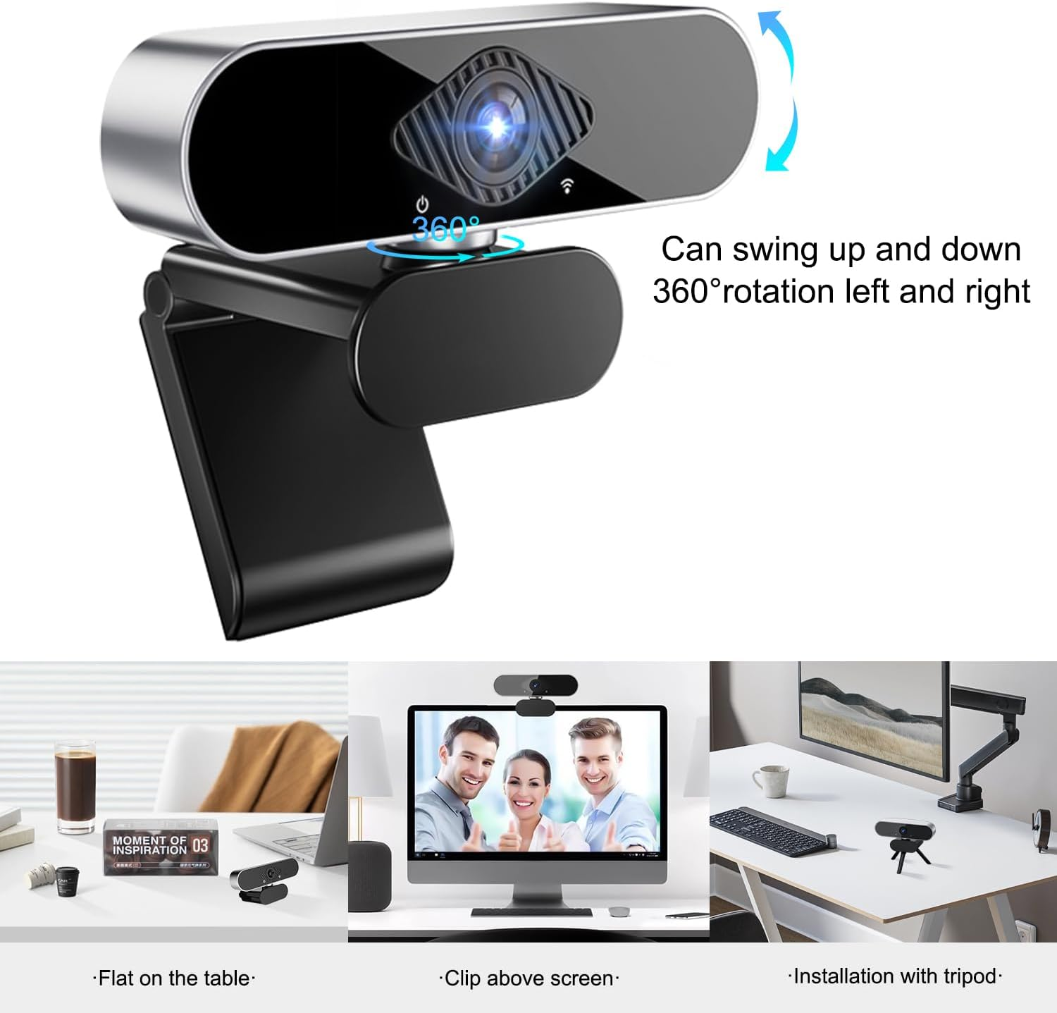 Webcam mit lächelnder Person. Es zeigt verschiedene Montageoptionen und Funktionen.