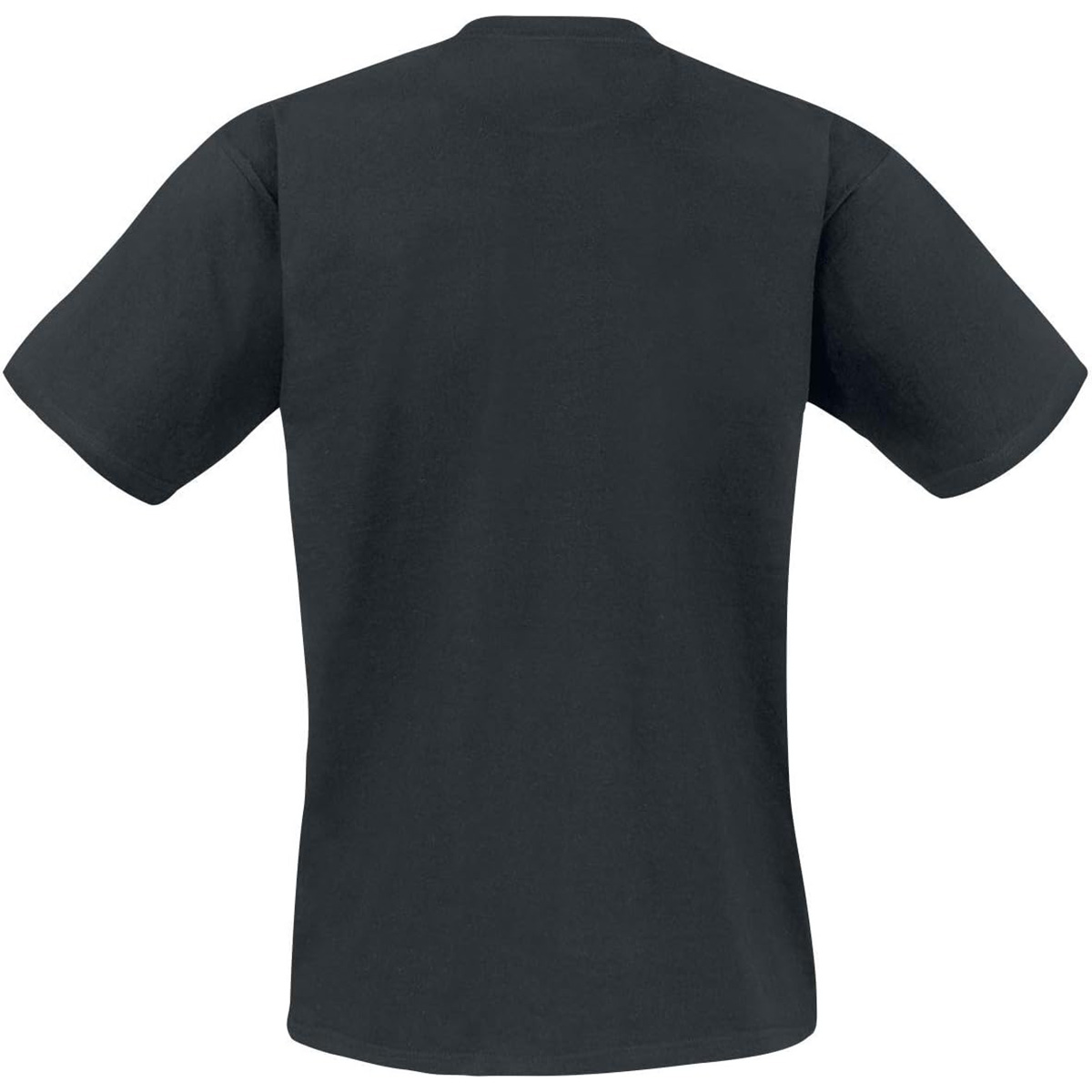 Einfarbiges schwarzes T-Shirt, Rückansicht, auf weißem Hintergrund.
