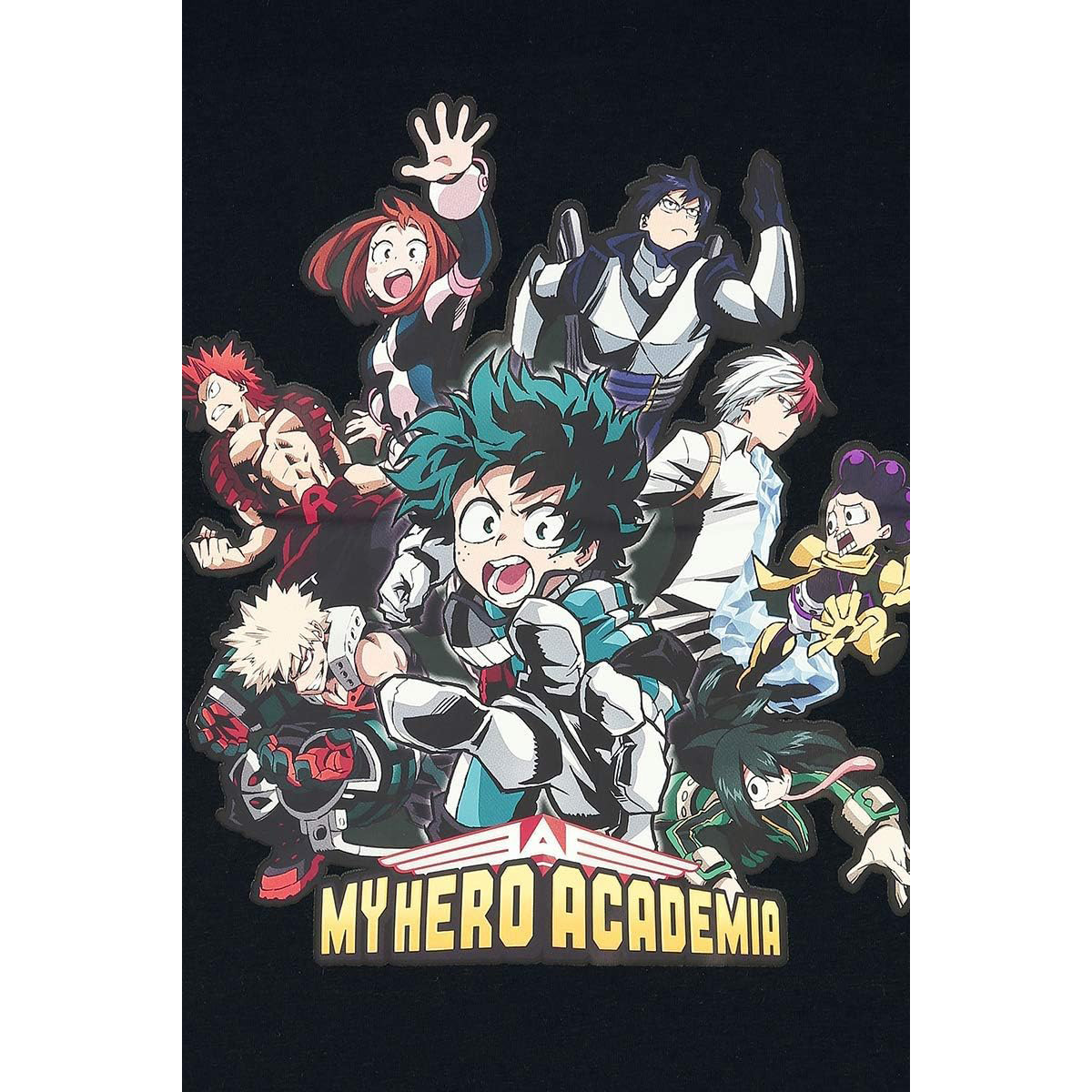 My Hero Academia Grafik auf schwarzem Grund, mit Cartoon-Charakteren.