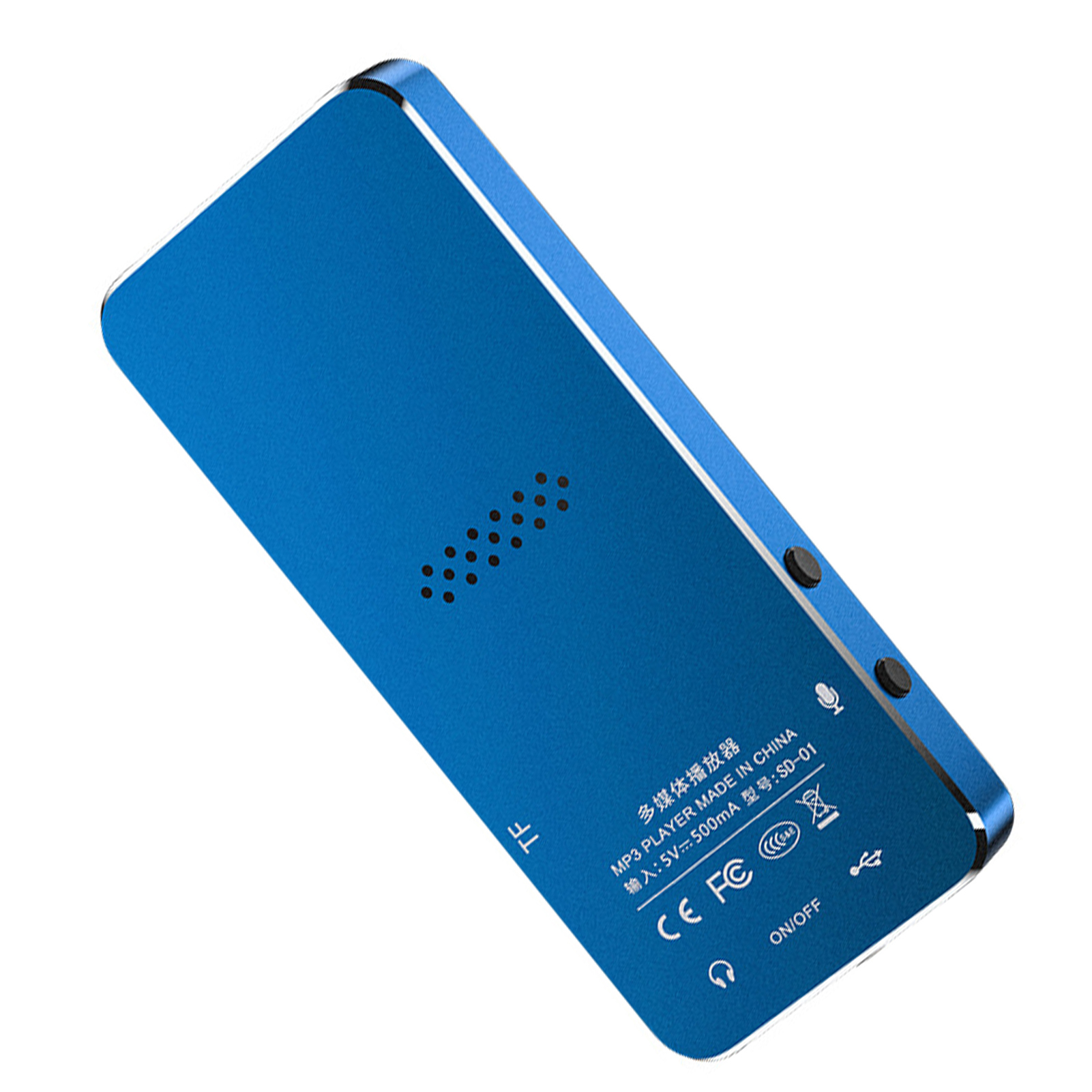 Blaue MP3-Player-Rückseite mit Text und Löchern. Knöpfe an der Seite.