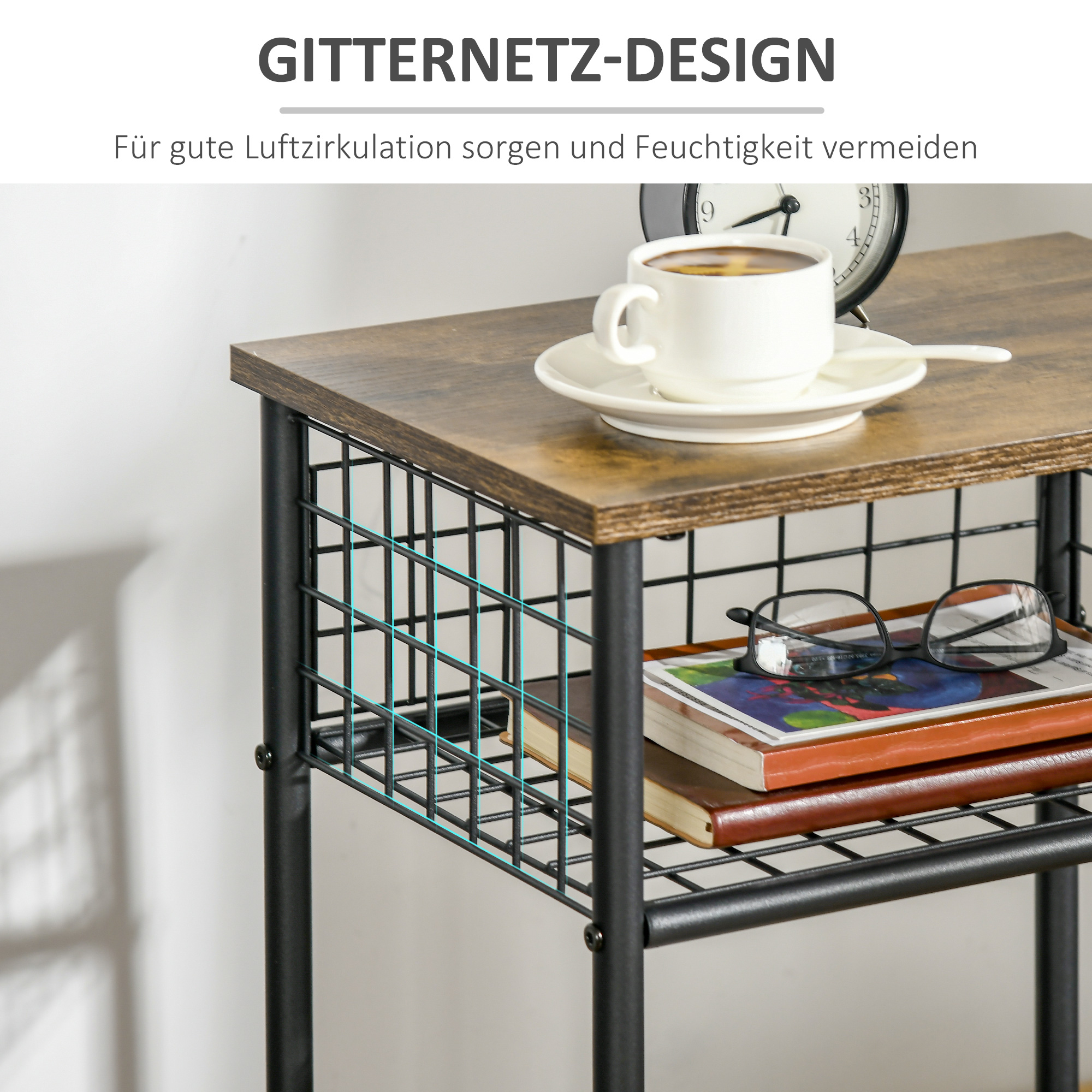 Nahaufnahme eines Wagens mit Drahtgitterregal, Gläsern, Büchern und einer dunklen Holzplatte.